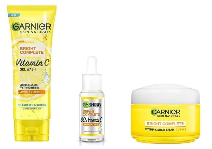 Garnier Bright Complete Vitamin C Face Serum 15ml + UV Serum Cream 23g + Vitamin C Gel Facewash 50g - 3-Piece Skincare Set for Glowing Skin (88g) | Brightening, Sun Protection & Cleansing Routine for Day & Night Use