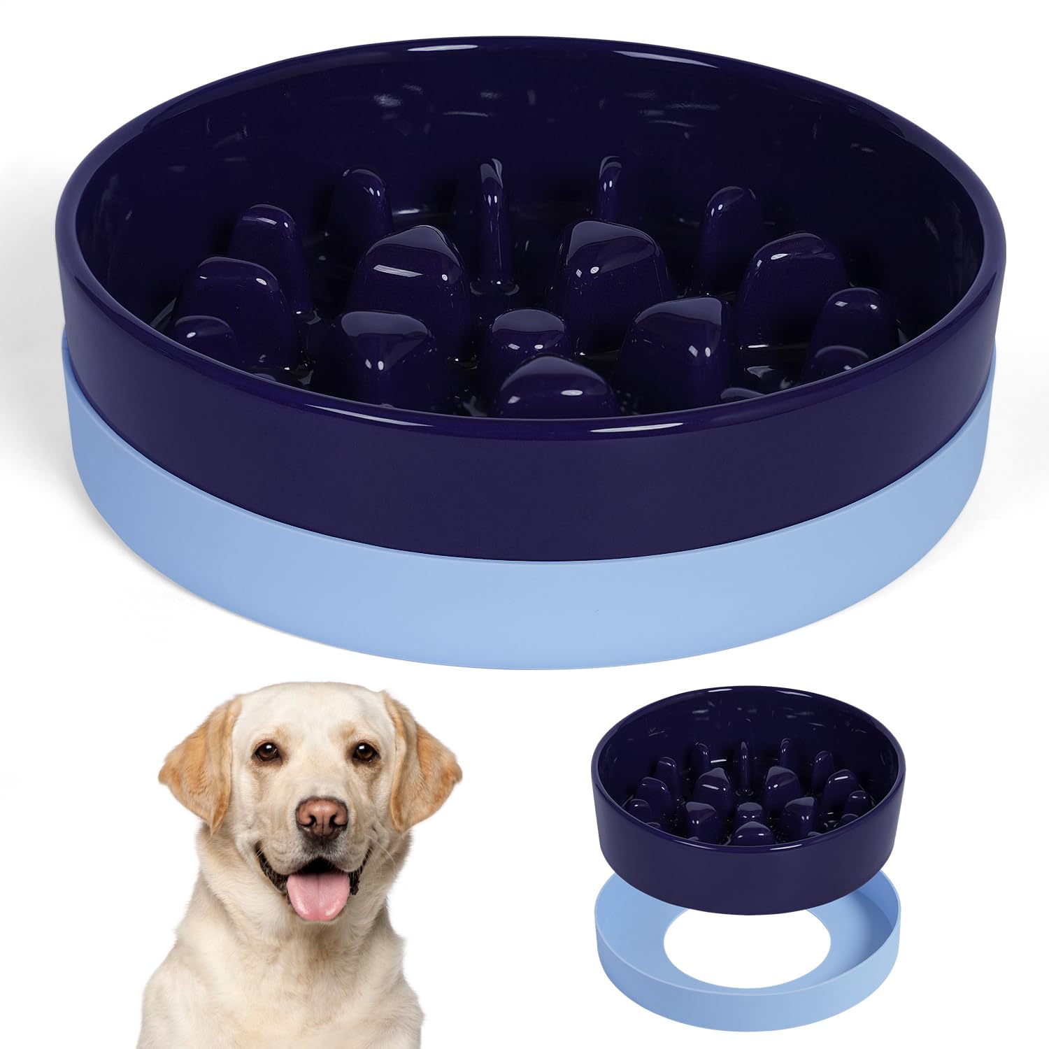 Sted Ceramic Slow Feeder Dog Bowl for Medium & Large Breeds - Puzzle Food Bowl with Non-Slip Silicone Base in Maze Blue - Helps Slow Down Fast Eaters & Prevent Bloat - Perfect for Mealtime Training & Portion Control