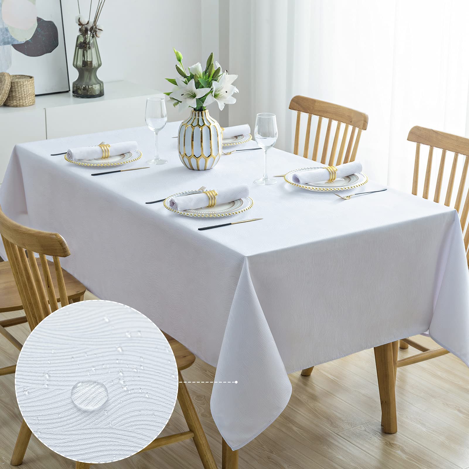 Premium Waterproof Jacquard Tablecloth - 52x70 Inch White Rectangular Table Cover for Dining Room, Wedding, Birthday Party & Outdoor Events - Durable & Elegant Fabric for Home & Restaurant Use