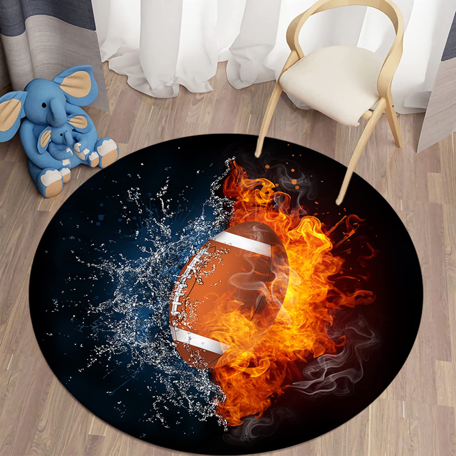 MASTPOINT Ice Fire Rugby 3D Round Area Rug - Non-Slip Living Room Carpet, Coffee Table Rug for Boys & Girls Bedroom, Study Room Floor Mat - Perfect for Home Decor, Dorm Room, and Playroom