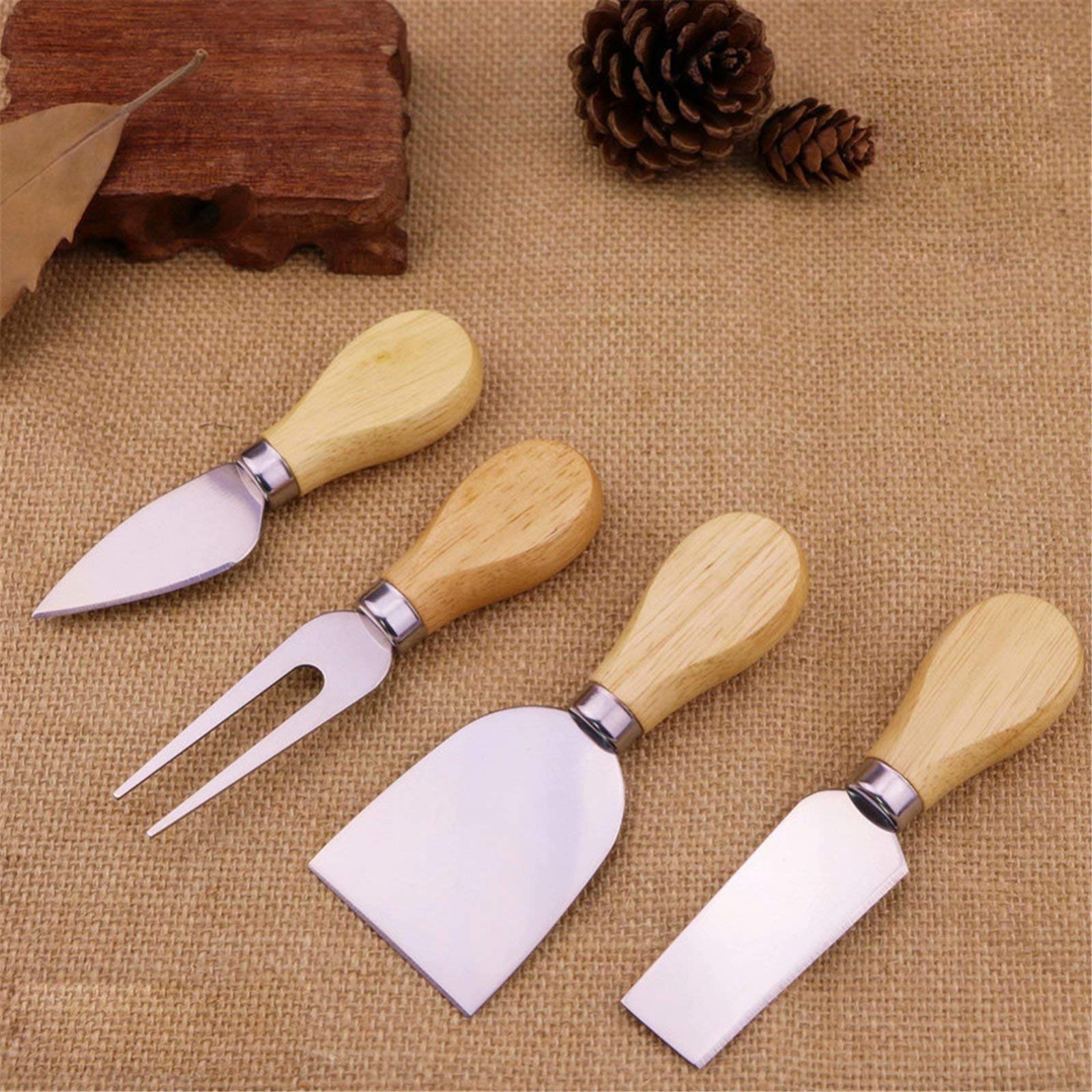 4-Piece Stainless Steel Cheese Knife Set with Bamboo Handle - Perfect for Soft & Hard Cheeses, Charcuterie Boards, Pizza, Cakes - Ideal Gift Set for Cheese Lovers & Entertaining