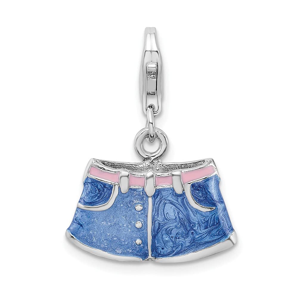 Sterling Silver 3D Enameled Blue Jean Shorts Charm with Lobster Claw Clasp - Perfect for Bracelets, Necklaces & Keychains - Trendy Jewelry Gift for Women & Teens
