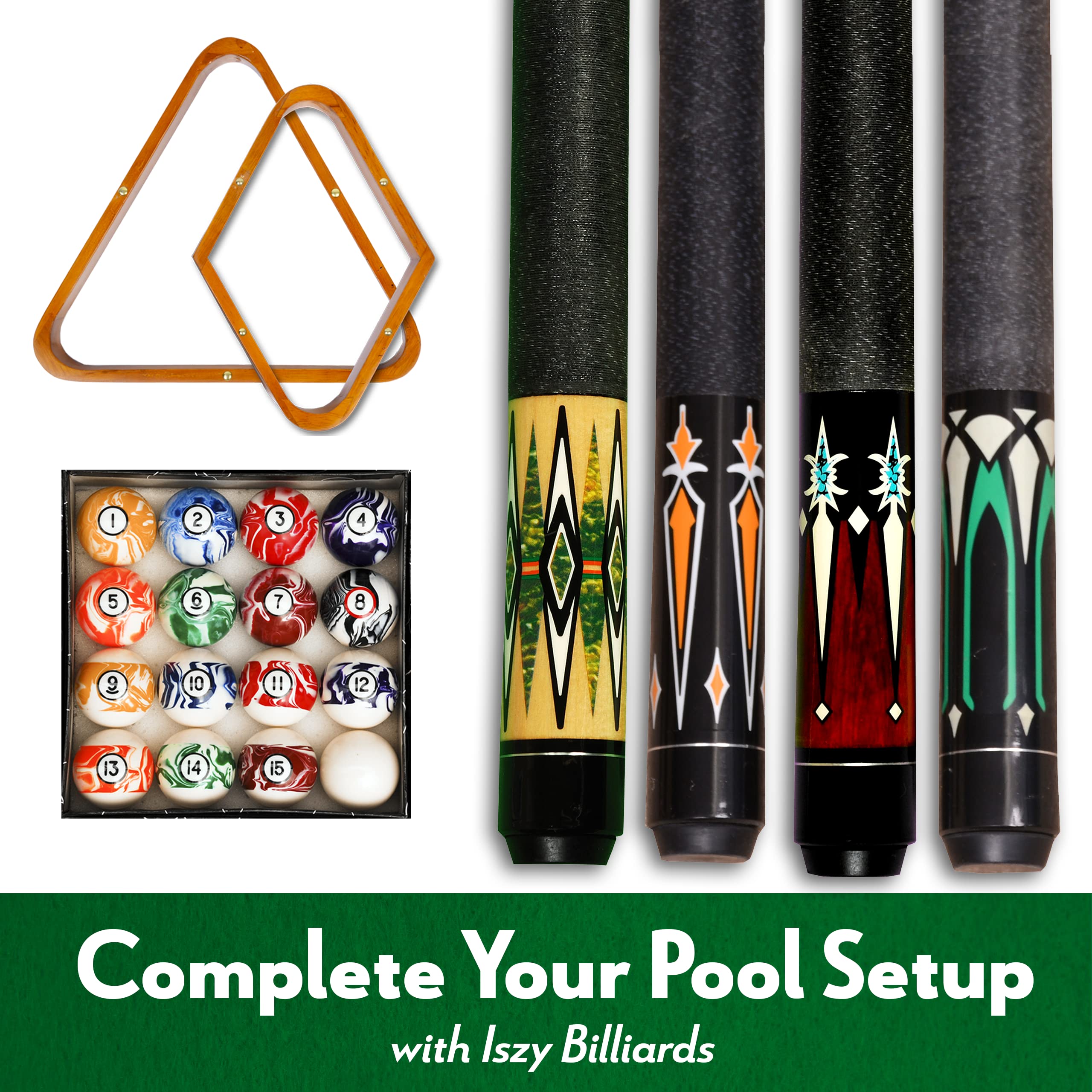 ISZY Billiards Pool Stick Holder - 8 Cue Rack with Ball Storage & 4 Score Counters - Solid Mahogany Wood Stand for Home Game Rooms, Bars, and Pool Halls
