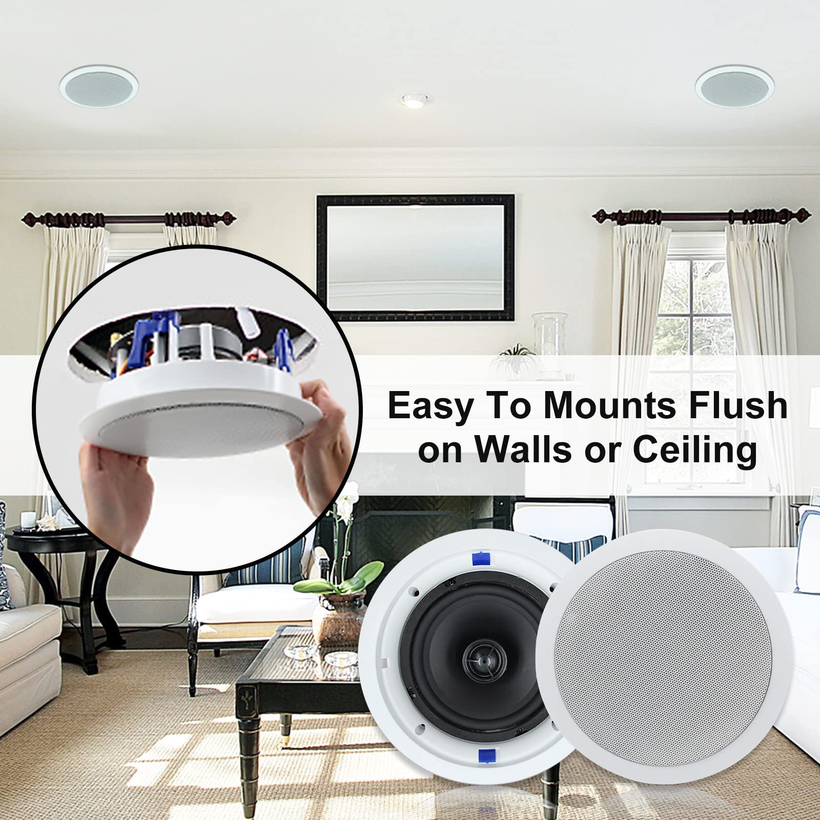 Herdio 6.5 Inch 320W 2-Way Passive Ceiling Speakers - Flush Mount Round White Stereo Speakers for Home Theater, Living Room, Bathroom & Office - Easy Installation (Pair) | Perfect for Background Music & Home Audio Systems