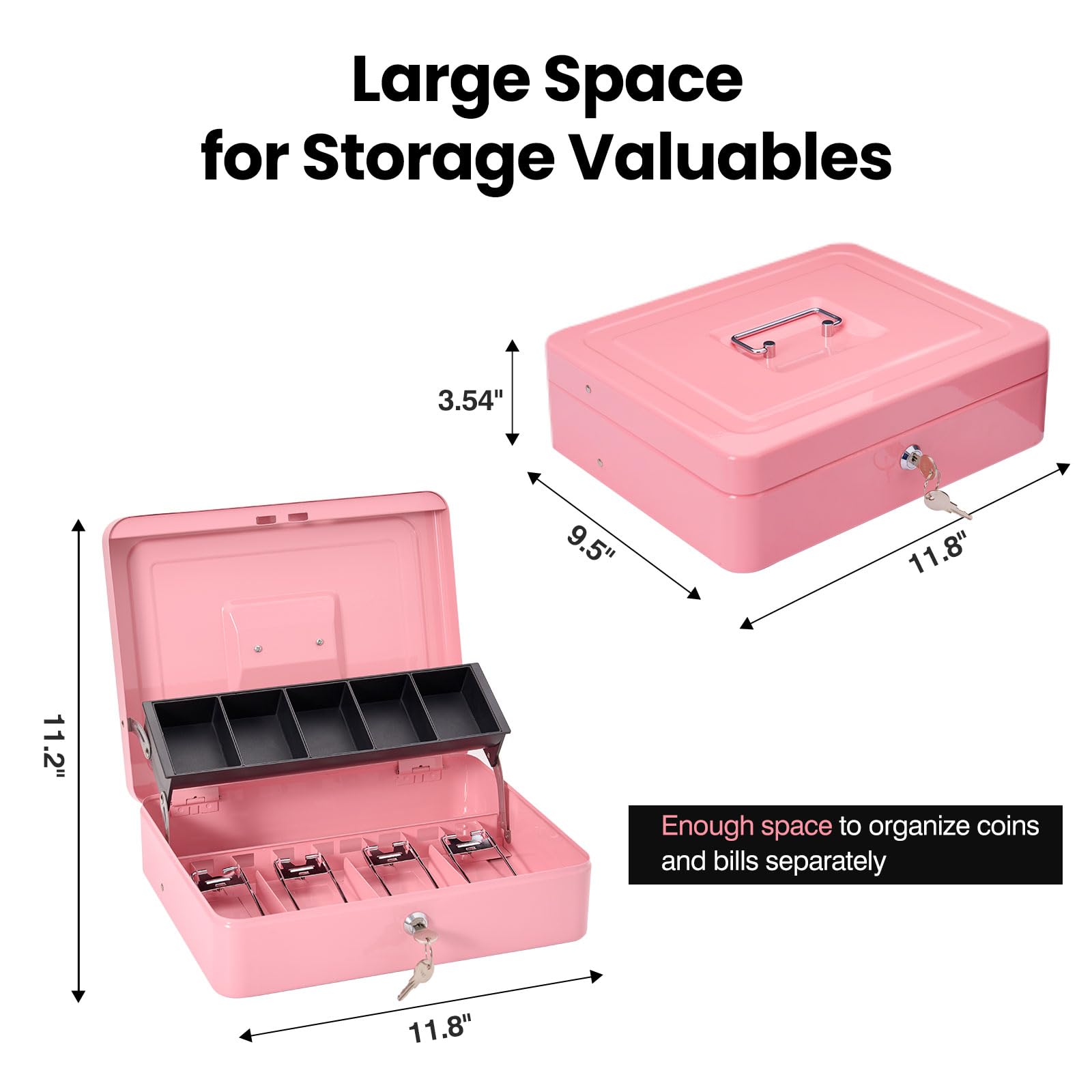 Secure Locking Cash Box with Carry Bag - Heavy Duty Metal Money Safe with Key & Combination Lock, 4 Bill & 5 Coin Slots, Cantilever Design - Pink Money Saving Organizer for Home, Office, Retail & Travel Use