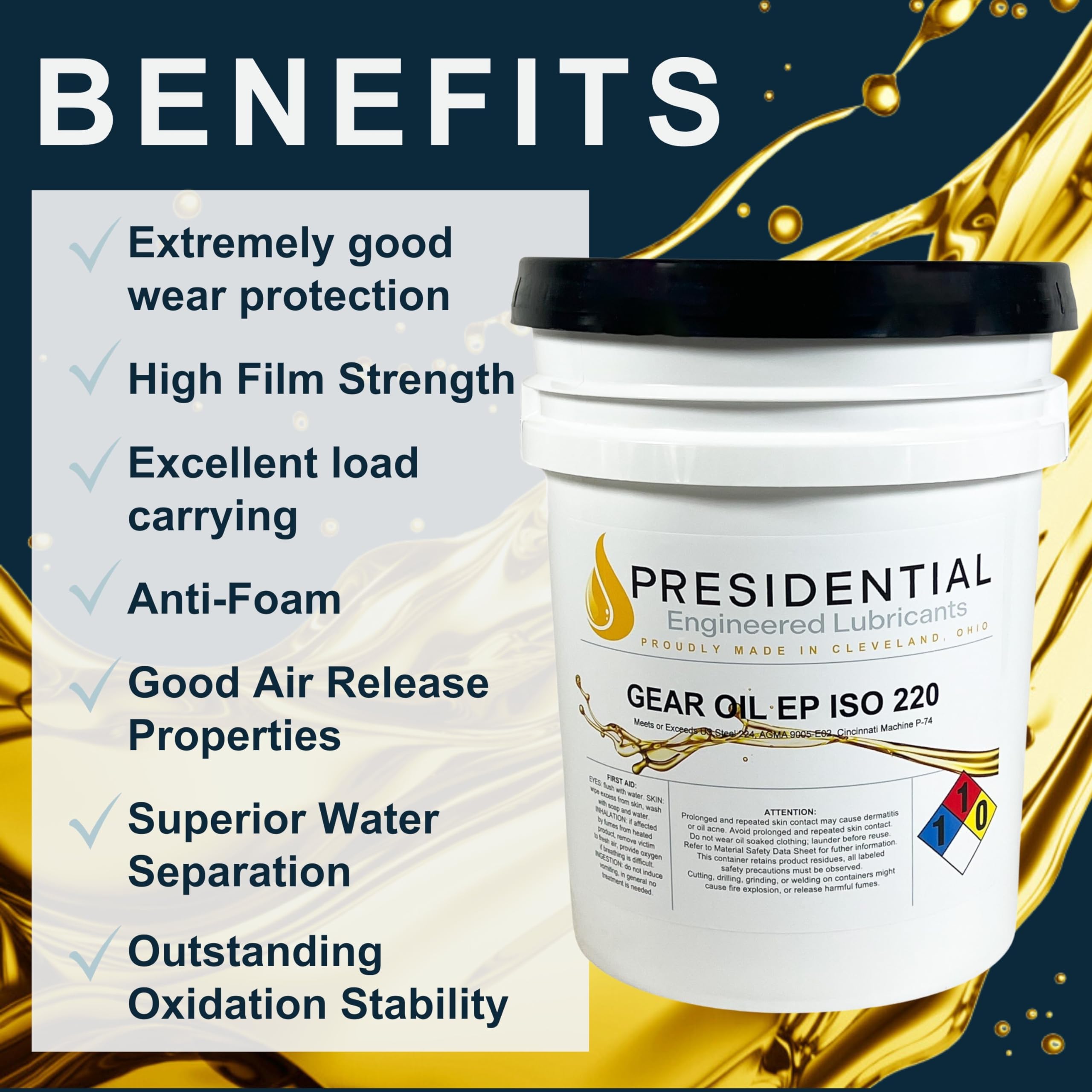 EP ISO 220 Gear Oil - Extreme Pressure Industrial Lubricant for Heavy Machinery - Anti-Foam, High Film Strength, Made in USA (5 Gallon Pail) - Ideal for Manufacturing, Construction & Mining Equipment