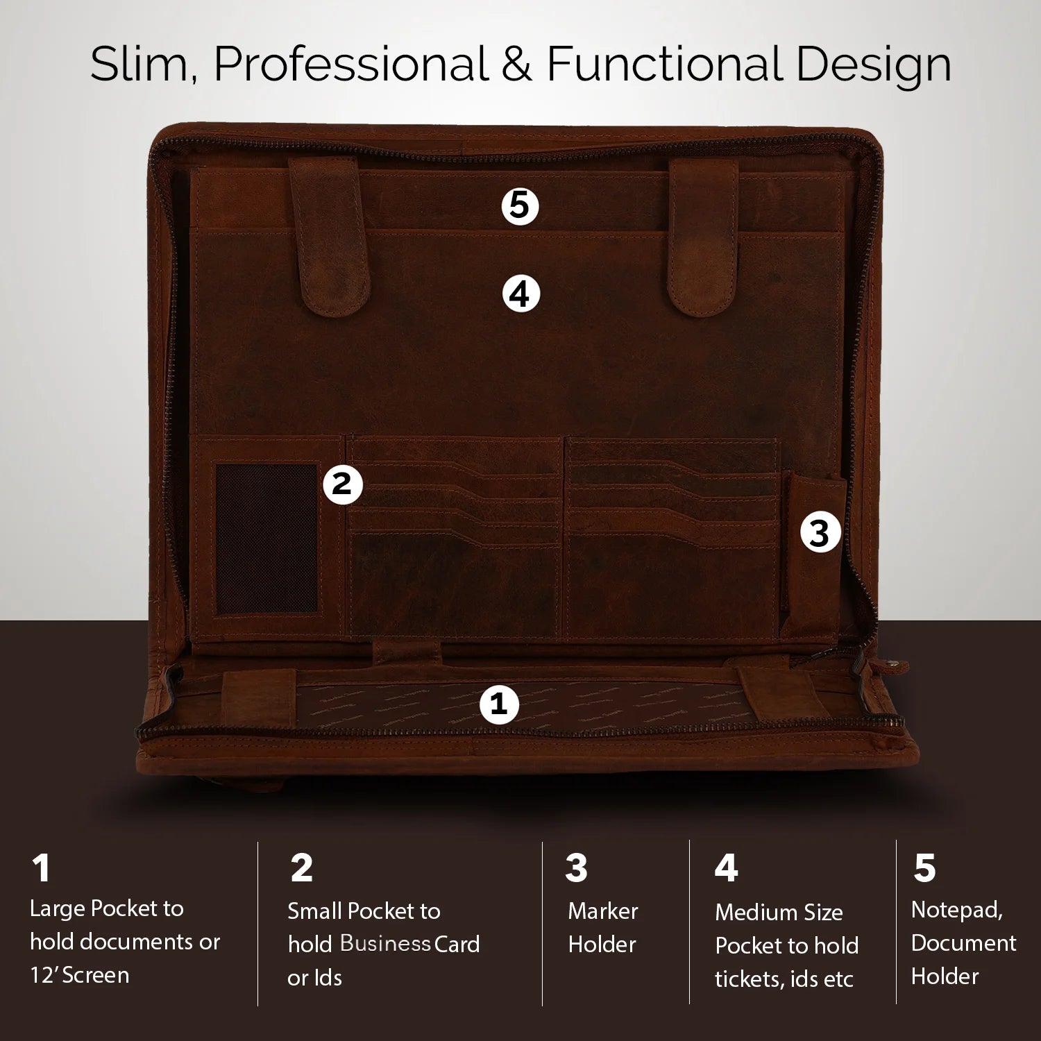 Premium Business Leather Portfolio - Professional Dark Brown Leather Document Holder for Men & Women - Perfect for Office, Meetings, and Business Travel