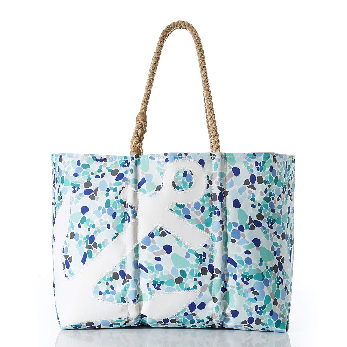 Eco-Friendly Recycled Sailcloth Tote Bag with White Anchor & Sea Glass Print - Large Beach Bag, Travel Tote, Work Bag with Rope Handles | Perfect for Beach Trips, Grocery Shopping & Daily Commute