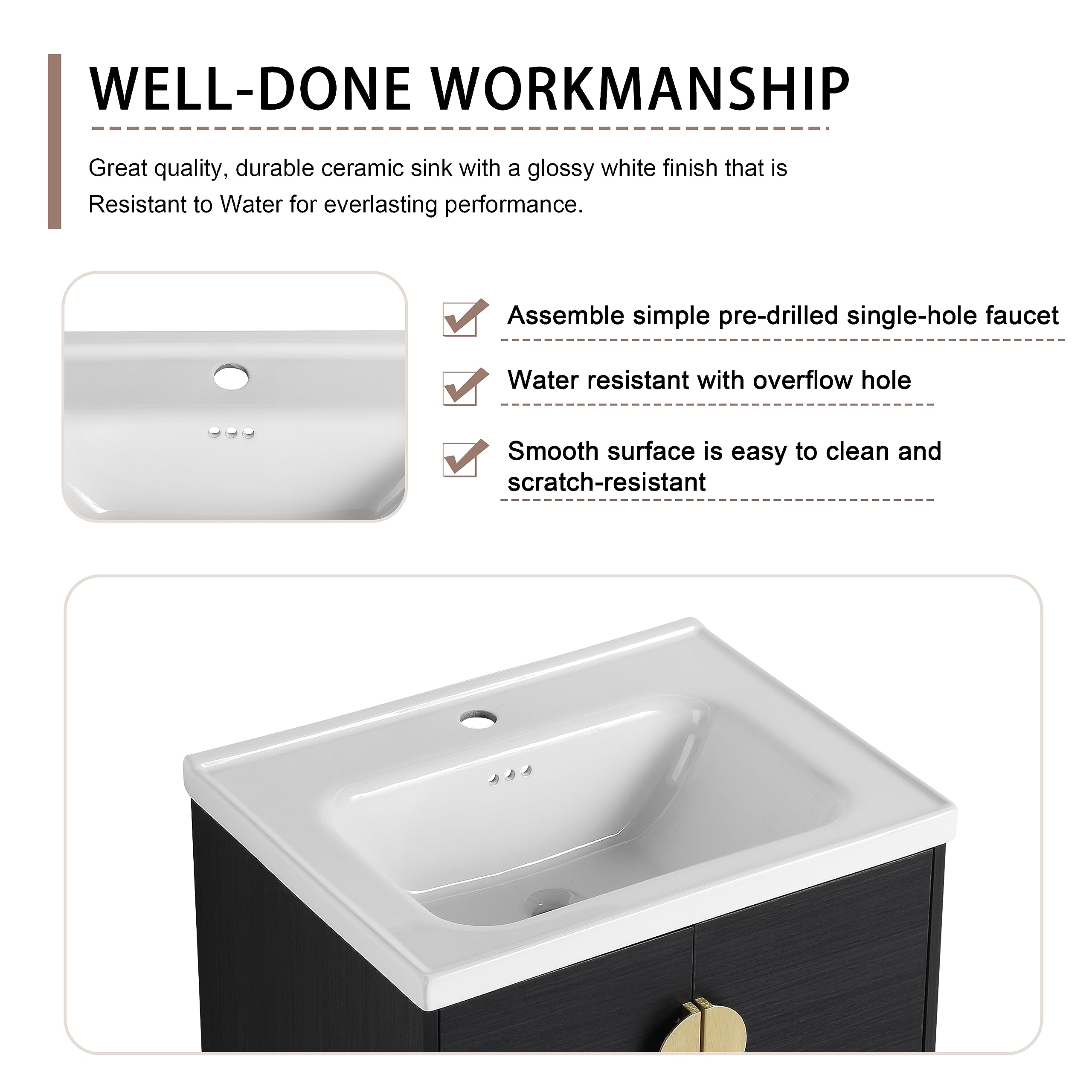 Modern 60-Inch Double Sink Floating Bathroom Vanity Set with Ceramic Sinks, Middle Storage Shelf & 2 Cabinets - Black Gold Finish | Perfect for Contemporary Bathrooms, Master Suites & Space-Saving Small Bathroom Designs
