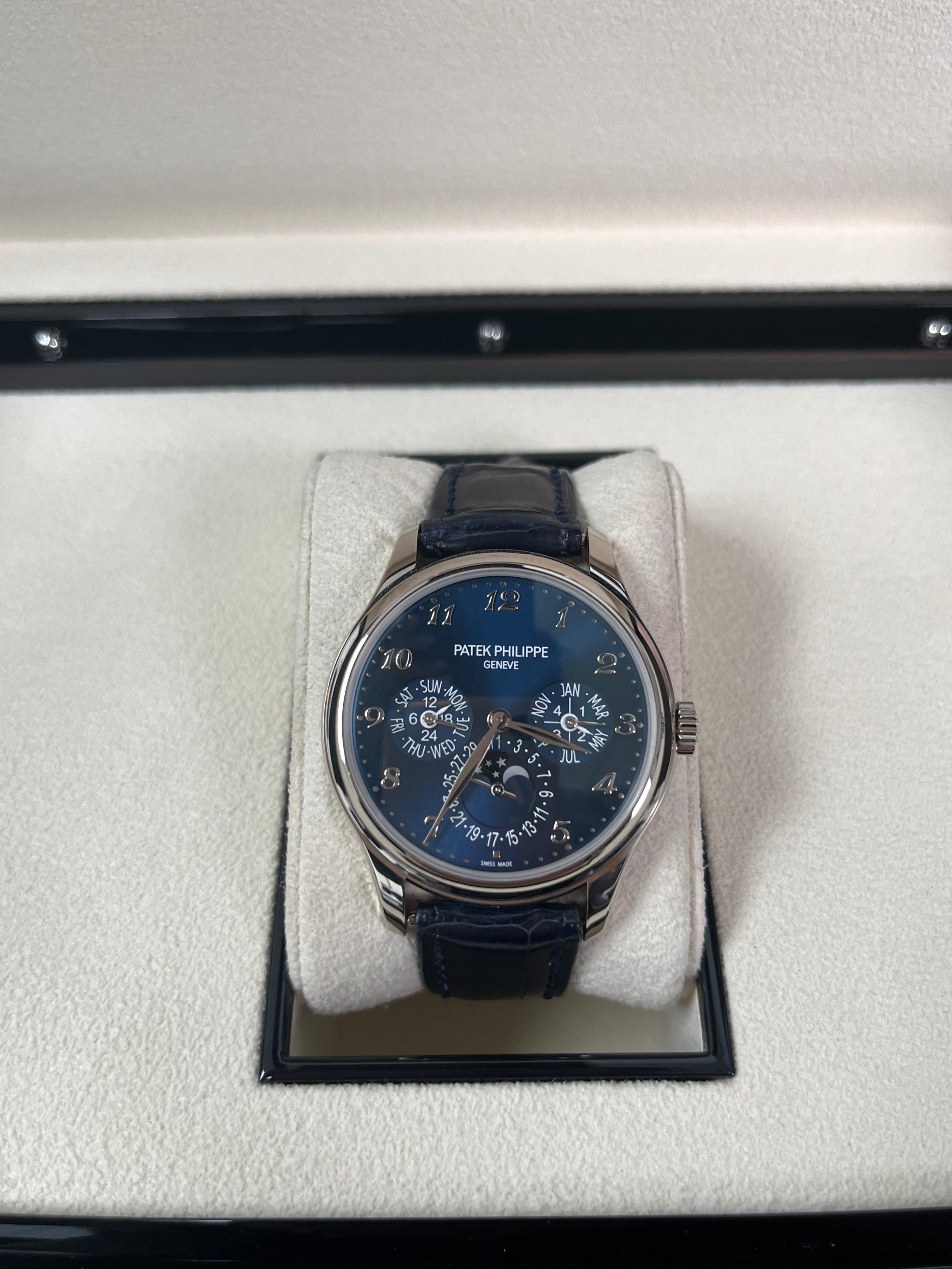 Patek Philippe Grand Complications Perpetual Calendar Moon Phase Watch - 18K White Gold Case, Royal Blue Dial & Alligator Leather Strap (Ref#5327G-001) | Luxury Dress Watch for Formal Occasions & Collector's Item