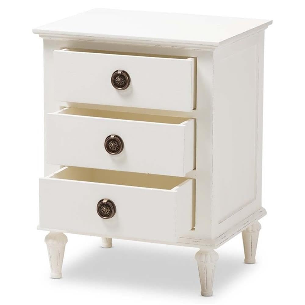 BOWERY HILL Whitewashed Hardwood 3-Drawer Nightstand - Provincial Style Bedside Table for Bedroom, Guest Room & Nursery Furniture