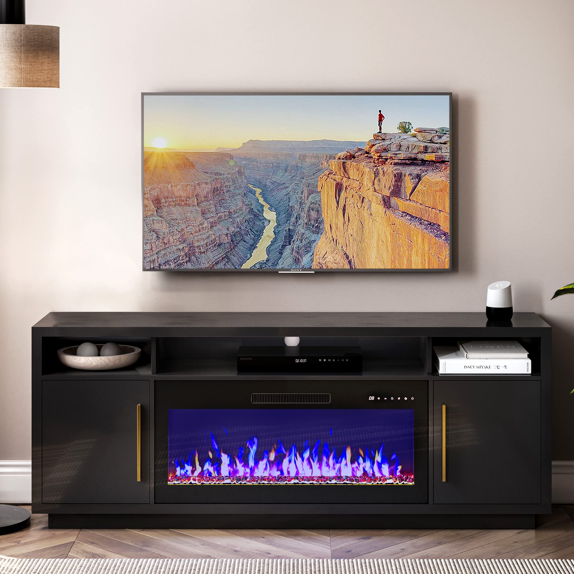 BELLEZE 70 Inch Fireplace TV Stand for 80 Inch TVs, LED Light Entertainment Center with 36 Inch Electric Fireplace Heater, Storage Cabinet, Media Console Table for Living Room - Avenue (Black) | Perfect for Home Theater Setup & Cozy Winter Nights
