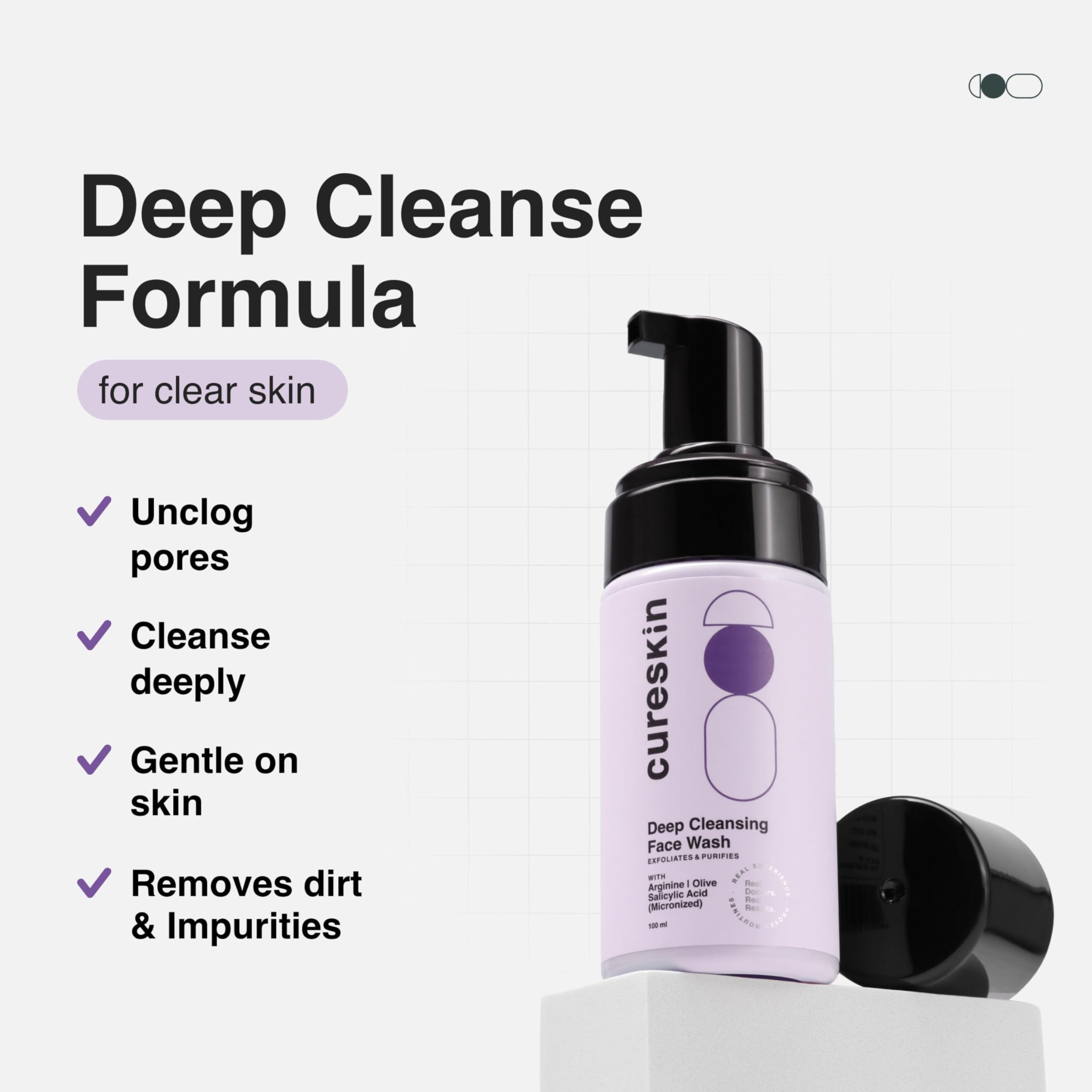 Cureskin Deep Cleanse Salicylic Acid Face Wash for Oily Skin - Acne Treatment Foaming Cleanser for Men & Women, 100ml | Gentle Exfoliating & Oil Control for Daily Skincare Routine