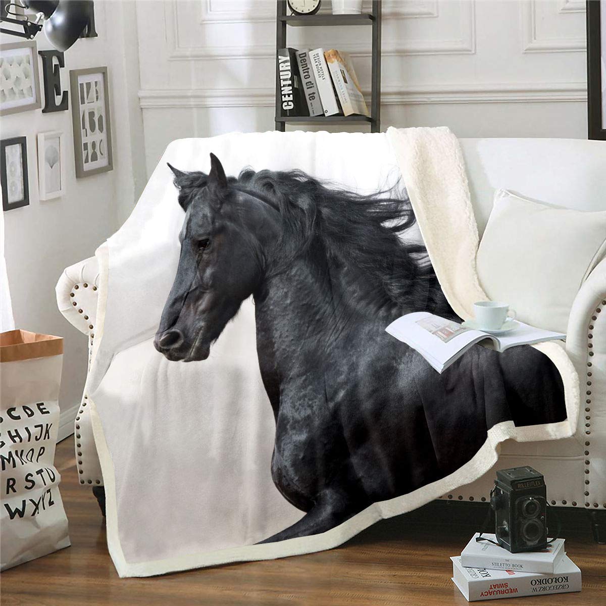Black Horse Print Sherpa Fleece Blanket - Queen Size (90x90 Inches) Soft Fuzzy Throw for Bed, Couch & Sofa - Running Steed Animal Design for Cozy Home Decor, Winter Warmth & Gift Giving