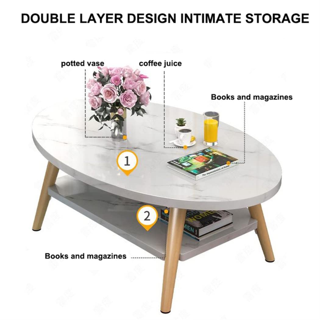 Modern 2-Tier Oval Coffee Table with Open Shelving - Solid Wood Legs, White Finish (100×50×42cm) - Stylish Sofa Side Table for Living Room, Office & Small Spaces