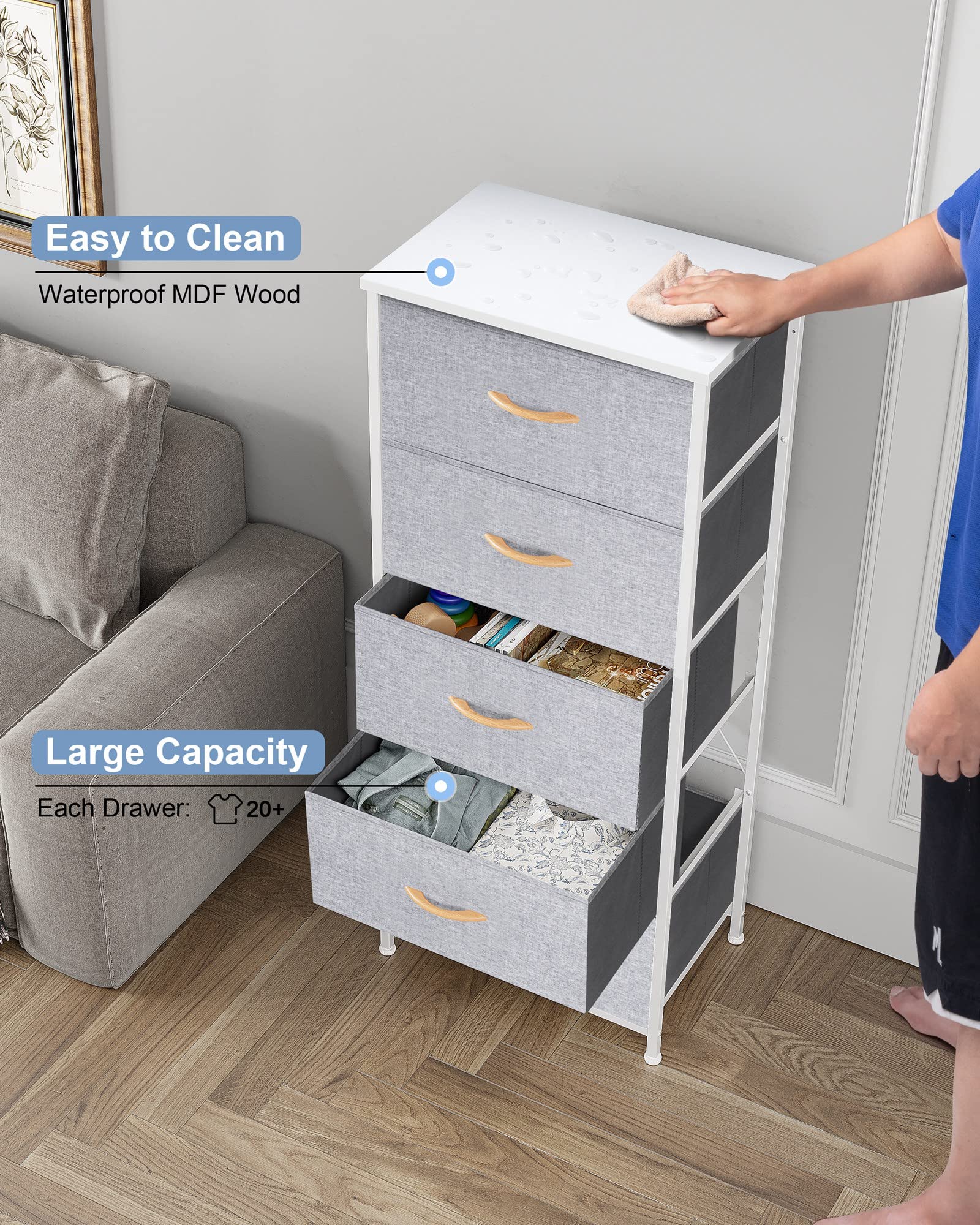 Vertical Dresser Storage Tower with Steel Frame & Wood Top - 5 Drawers for Bedroom & Closet Organization (Light Gray)