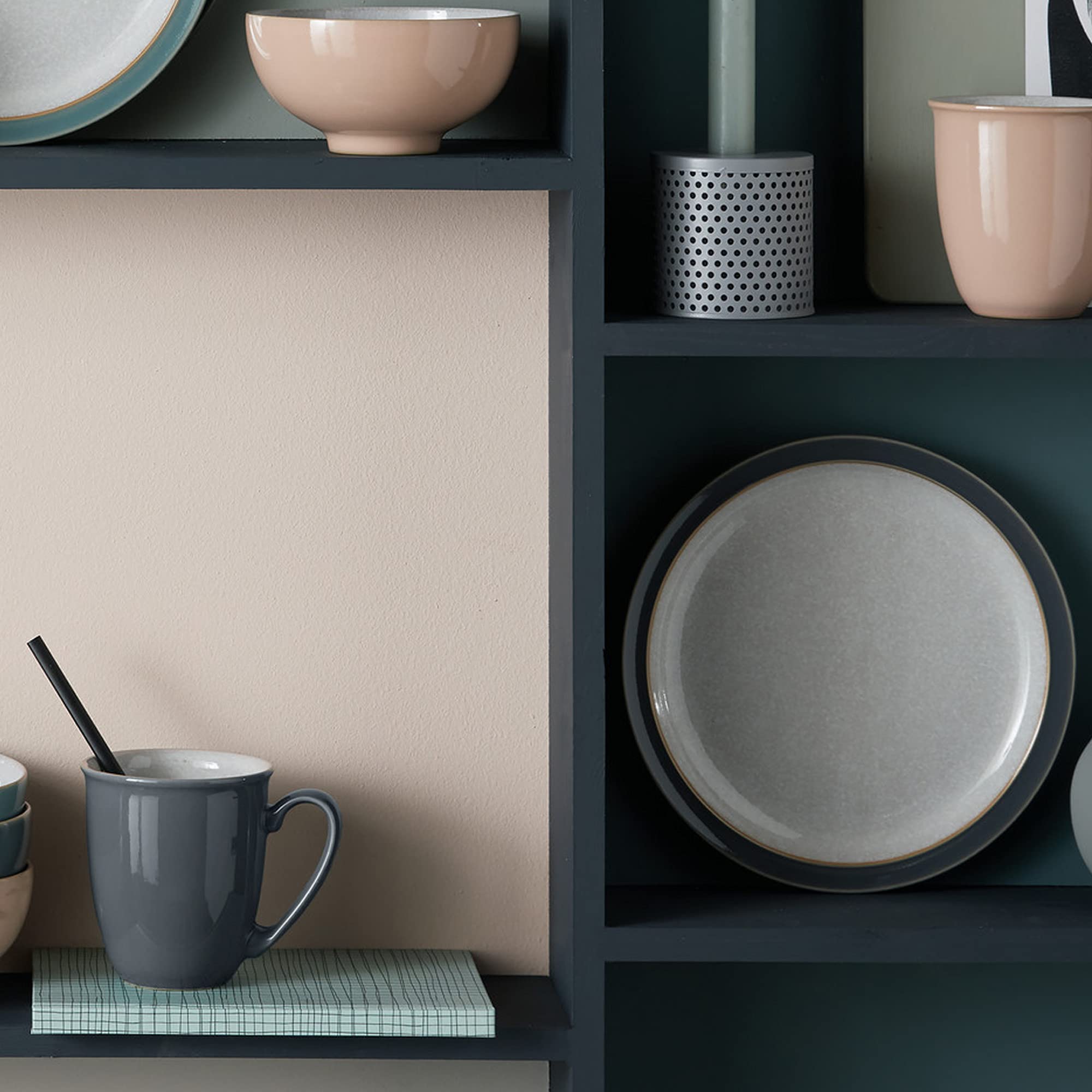 Denby Elements Fossil Grey 4-Piece Ceramic Dinner Set - Microwave & Dishwasher Safe Tableware - Includes Dinner Plate, Small Plate, Cereal Bowl & Coffee Mug - Perfect for Everyday Meals, Family Dinners & Entertaining Guests