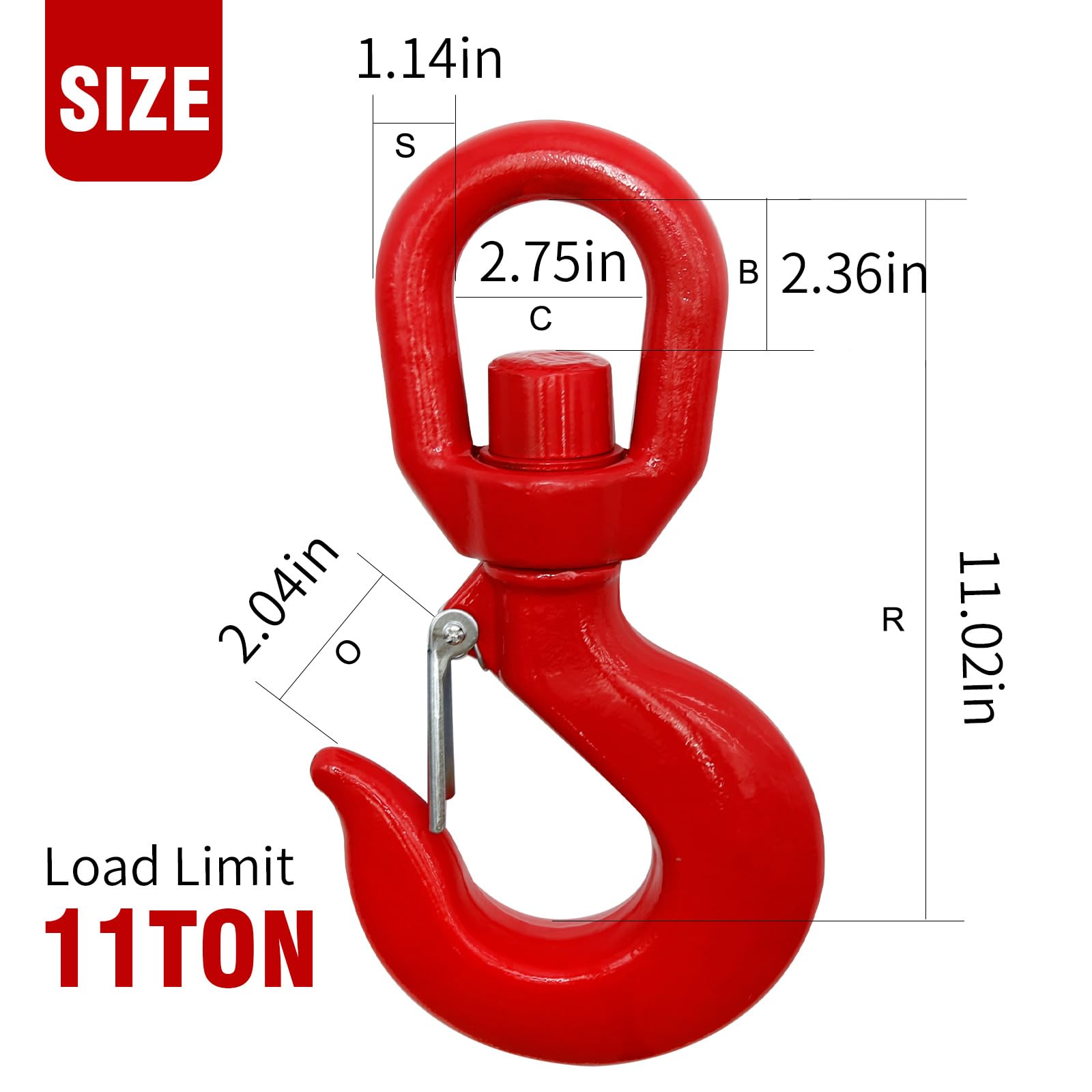 11T Heavy Duty Steel Swivel Hook with Safety Latch - Self Locking Crane Hook for Hoisting, Rigging & Lifting - Perfect for Construction, Warehouse & Industrial Material Handling