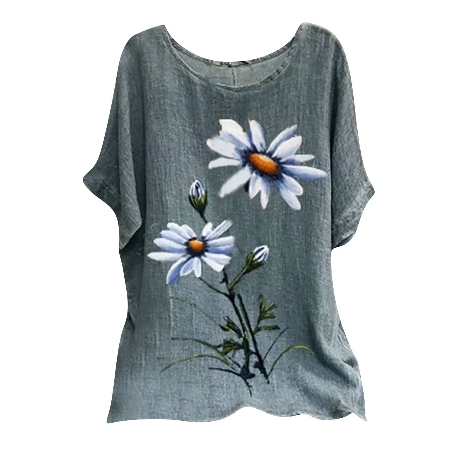 Vintage Floral Love Print Women's Summer Tops - Round Neck Short Sleeve Heart Crew Neck Blouse for Casual Wear, Beach Outfits & Date Nights