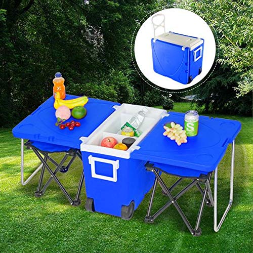 Insulated Rolling Cooler with Table & 2 Foldable Camping Chairs - Portable Beverage Cooler for Picnics, Camping, Fishing, Tailgating & Outdoor Adventures (Blue)