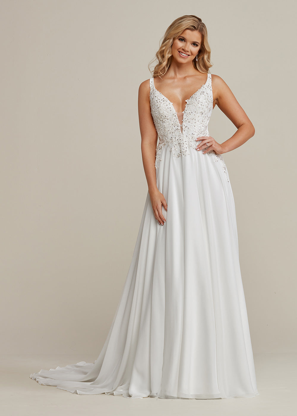 Elegant Mya 1 A-Line Wedding Dress with Plunging Neckline & Sequined Lace - Perfect for Bridal, Formal Events & Romantic Photoshoots