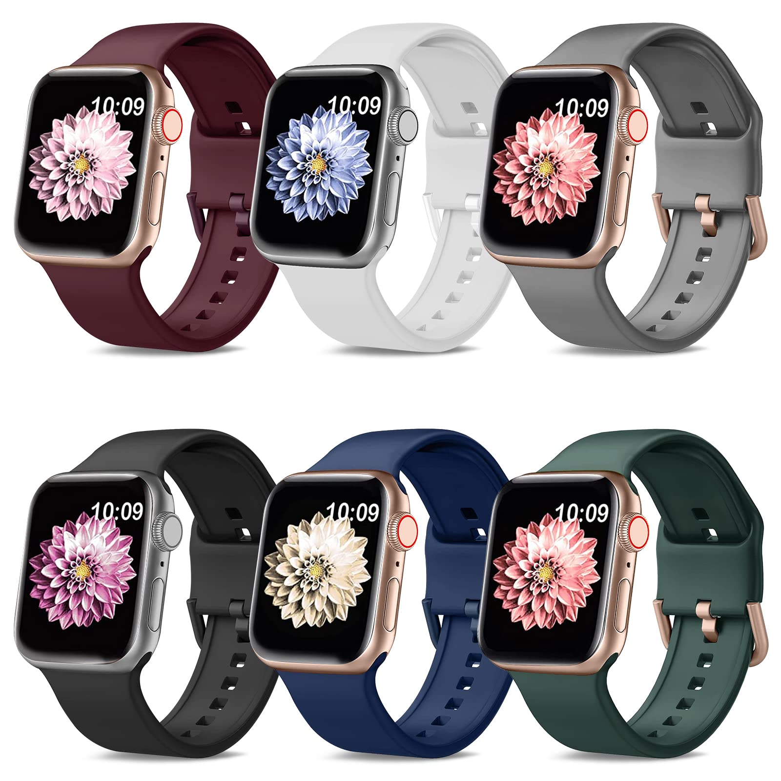 6 Pack Sport Bands for Apple Watch 40mm 38mm 41mm - Soft Silicone Replacement Straps Compatible with iWatch Series 7/6/5/4/3/2/1/SE - Waterproof & Comfortable for Women & Men - Perfect for Workouts, Running & Daily Wear