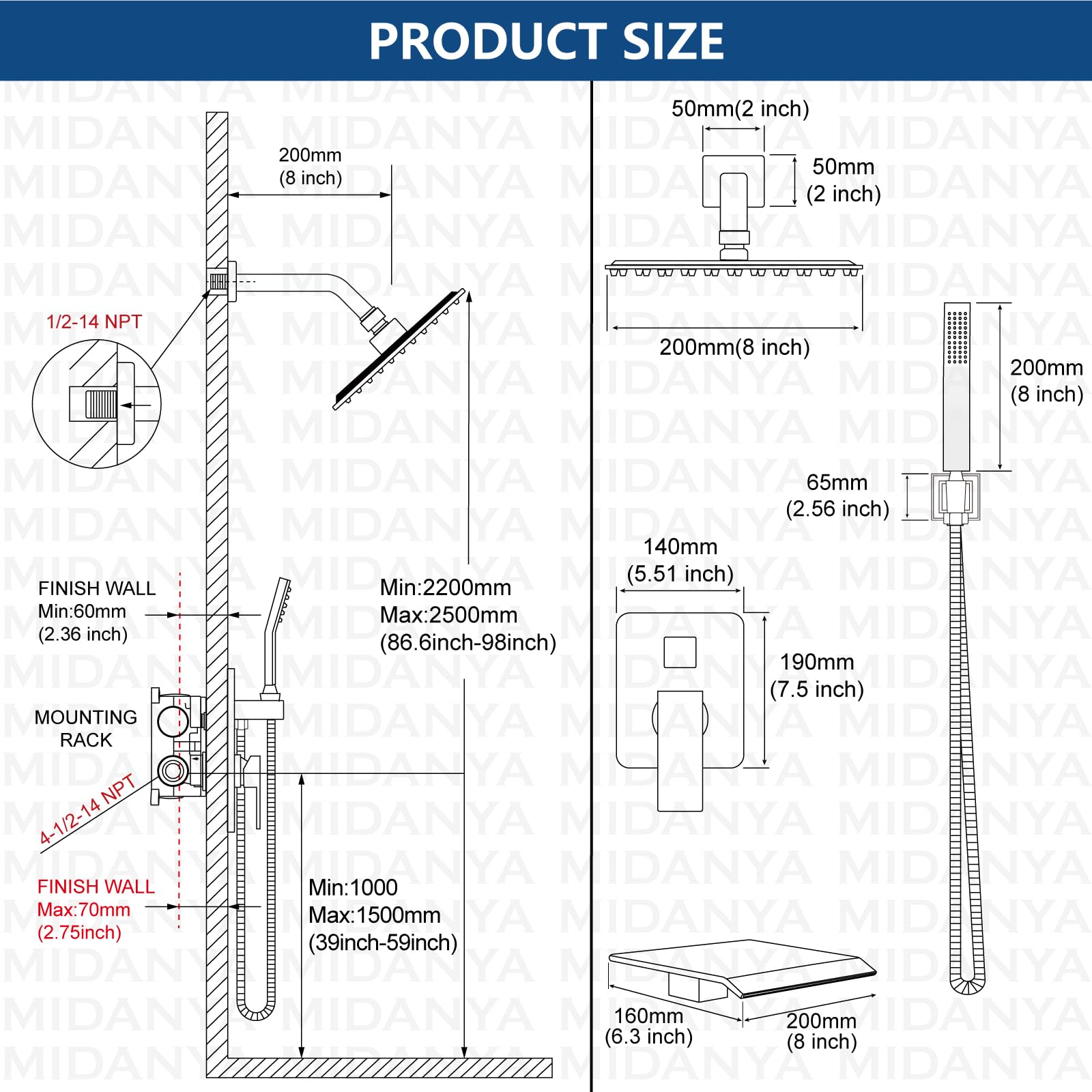 Midanya 8 Inch Brushed Nickel Rain Shower System - Square Rainfall Shower Head with Handheld Sprayer, Waterfall Tub Spout & Mixer Valve Combo for Bathroom Remodeling | Perfect for Spa-Like Showers and Relaxing Baths