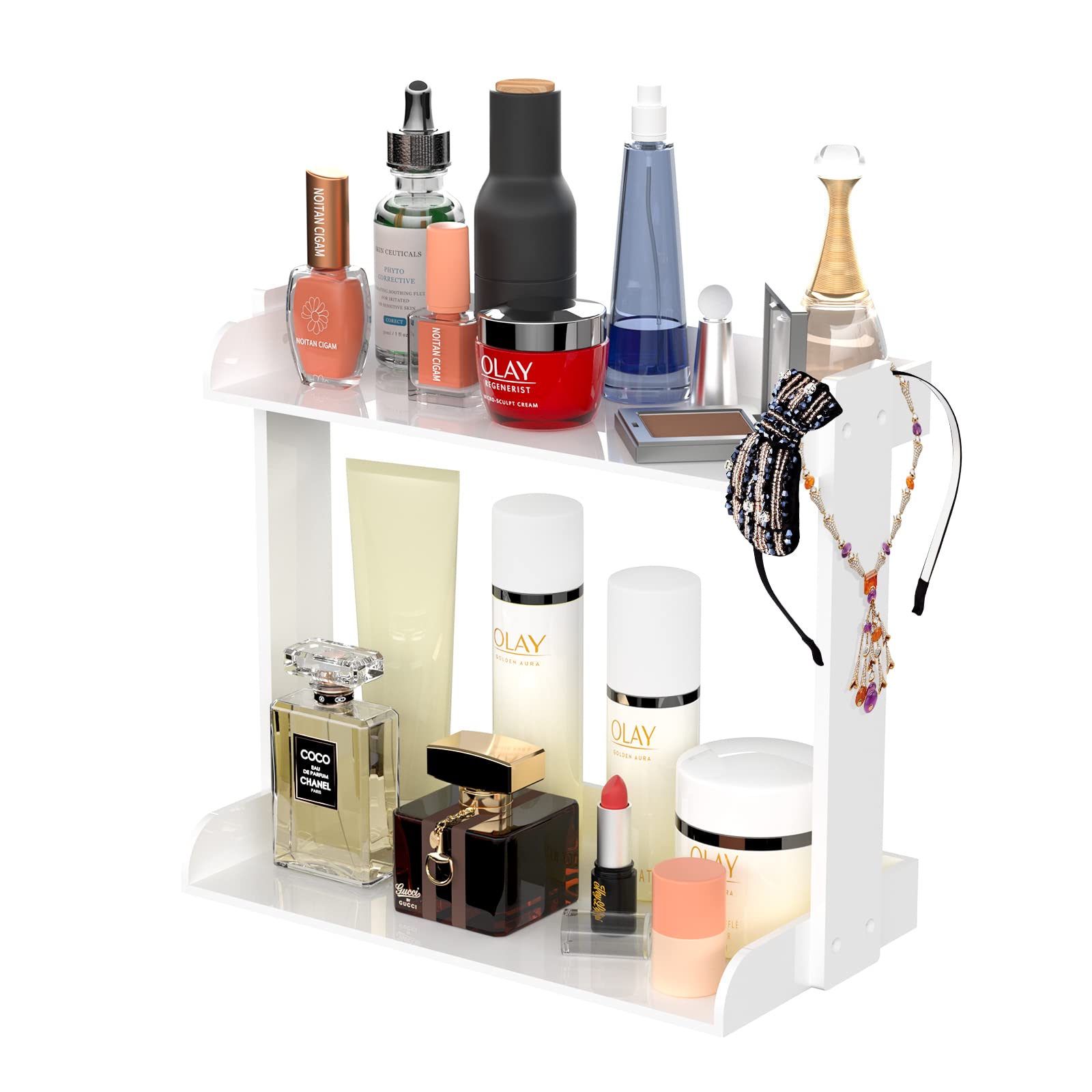 Sezanrpt 2-Tier Acrylic Perfume & Makeup Organizer - Countertop Bathroom Storage Shelf for Cosmetics, Jewelry, and Skincare Products - White Dresser Display Organizer for Vanity, Bedroom, and Bathroom Counter