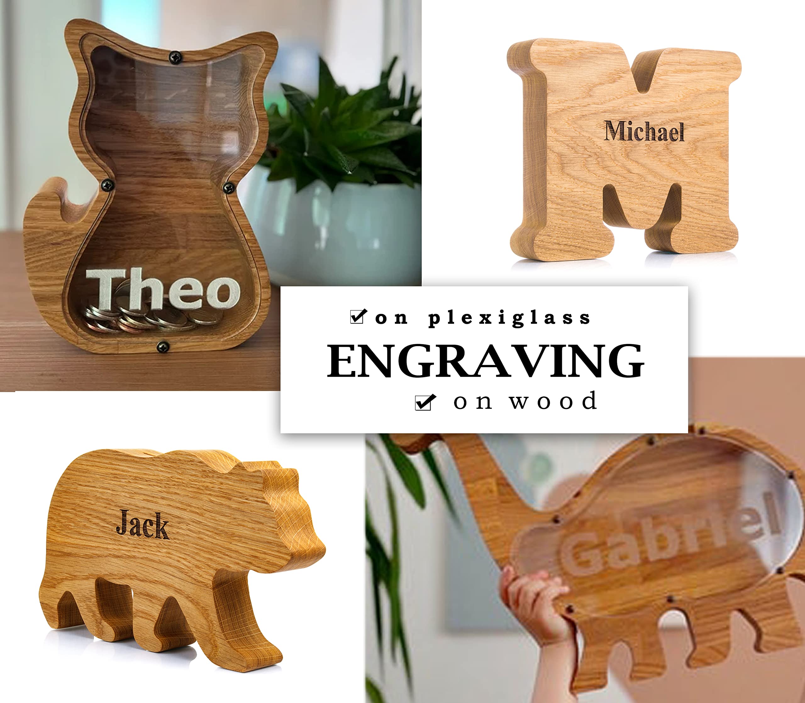 Personalized Wooden Bunny Piggy Bank - Handmade Rabbit Coin Money Box for Kids, Easter & Baby Shower Gifts (3 Sizes) - Perfect for Saving Coins, Birthday Presents, and Home Decor
