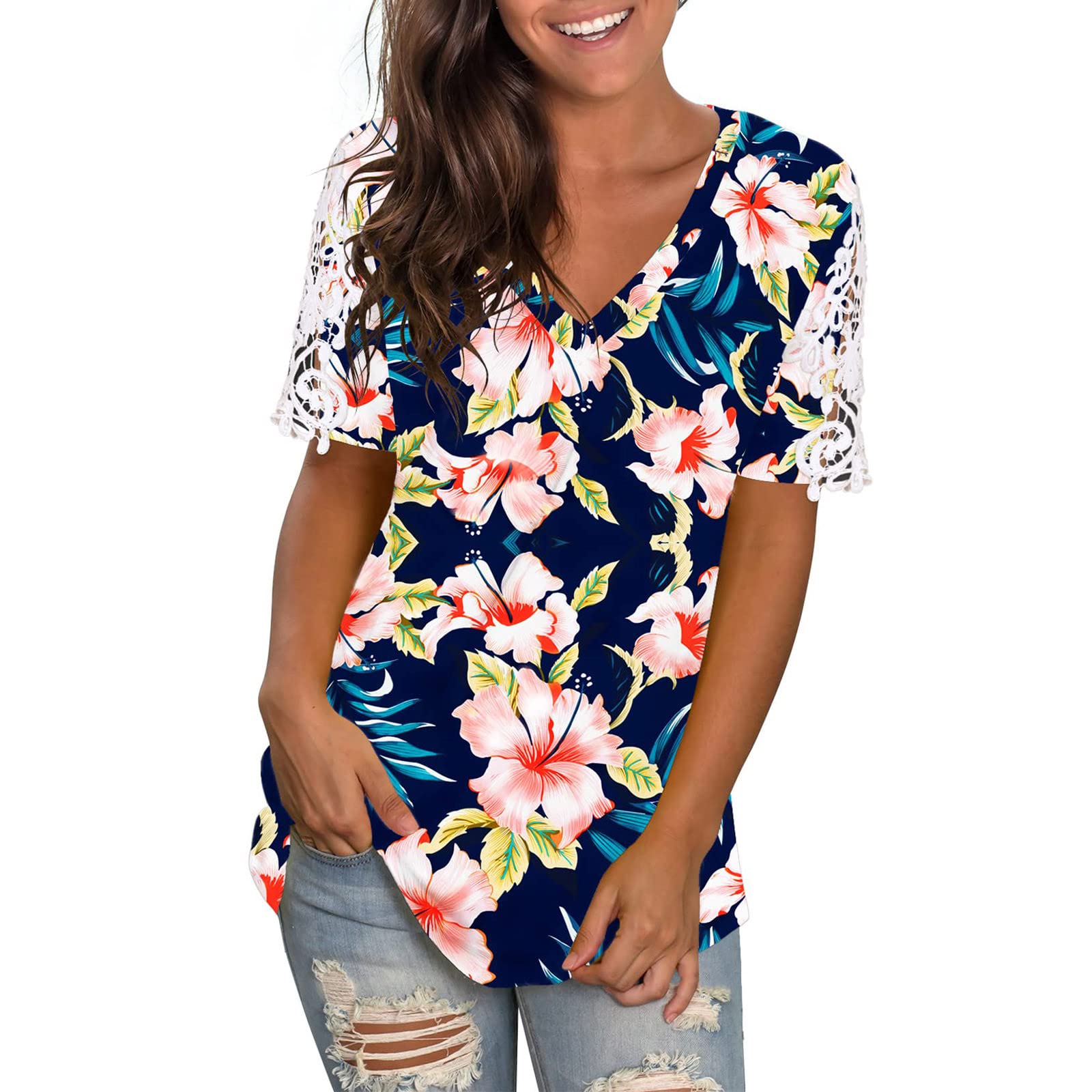 Women's Floral V-Neck Tunic Tops - Short Sleeve Casual Summer Tee Shirt for Women | Perfect for Beach Outings, Vacation Wear & Everyday Comfort