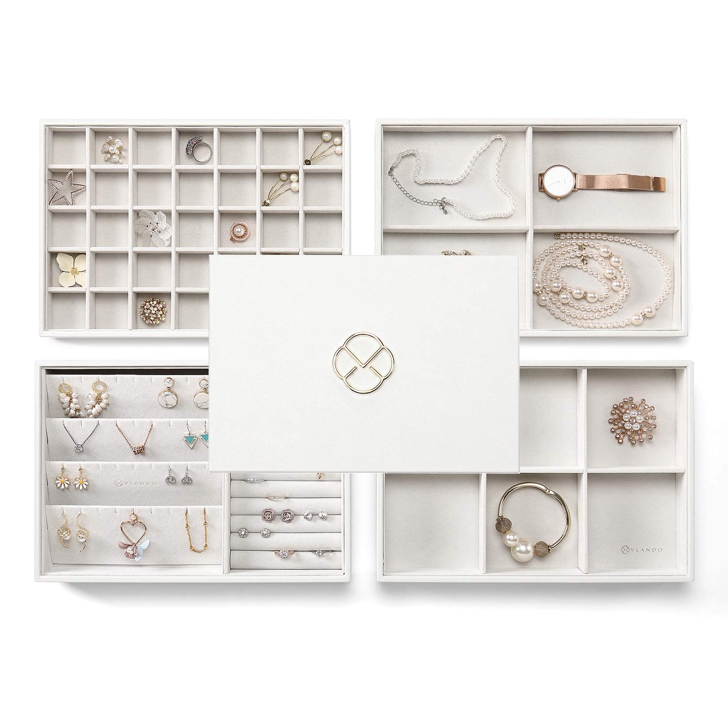 Vlando Jewelry Organizer Tray - 4-Layer Faux Leather Jewelry Storage Box with Lid for Earrings, Necklaces, Bracelets & Rings - Perfect for Desktop, Dresser or Drawer Organization - Elegant White Design