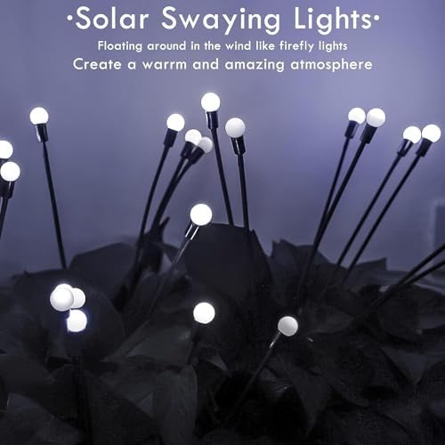 OZS 12-Pack 96LED Solar Garden Lights - Waterproof Solar Firefly & Swaying Fairy Lights for Outdoor Pathway, Yard, and Patio Decoration (Cool White) | Wind-Activated Dancing Lights for Garden, Lawn, and Landscape Lighting