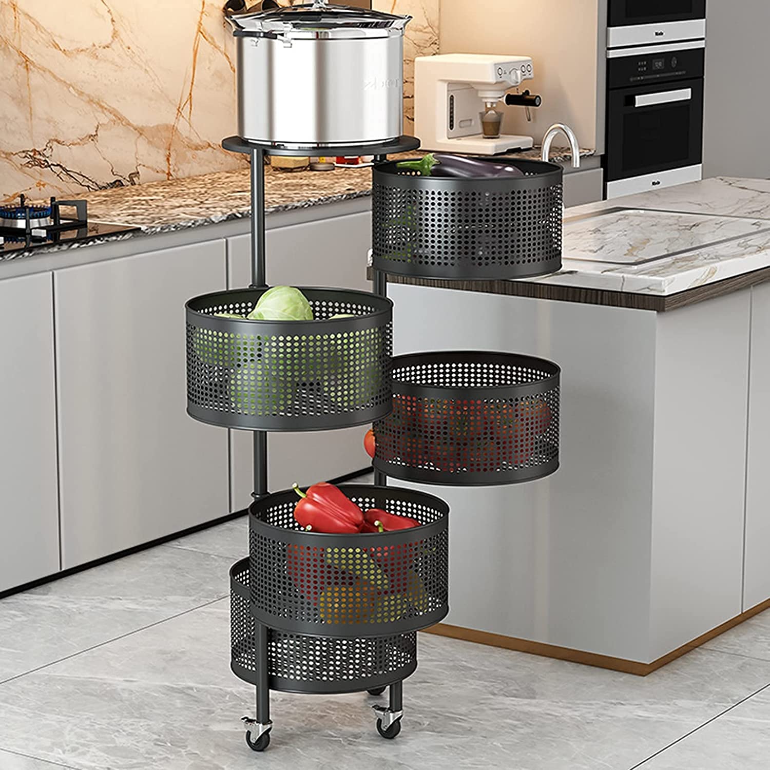360° Rotating Floor-to-Ceiling Kitchen Storage Basket - 3/4/5 Tier Adjustable Fruit & Vegetable Organizer with Universal Wheels for Pantry, Supermarket, or Home Use