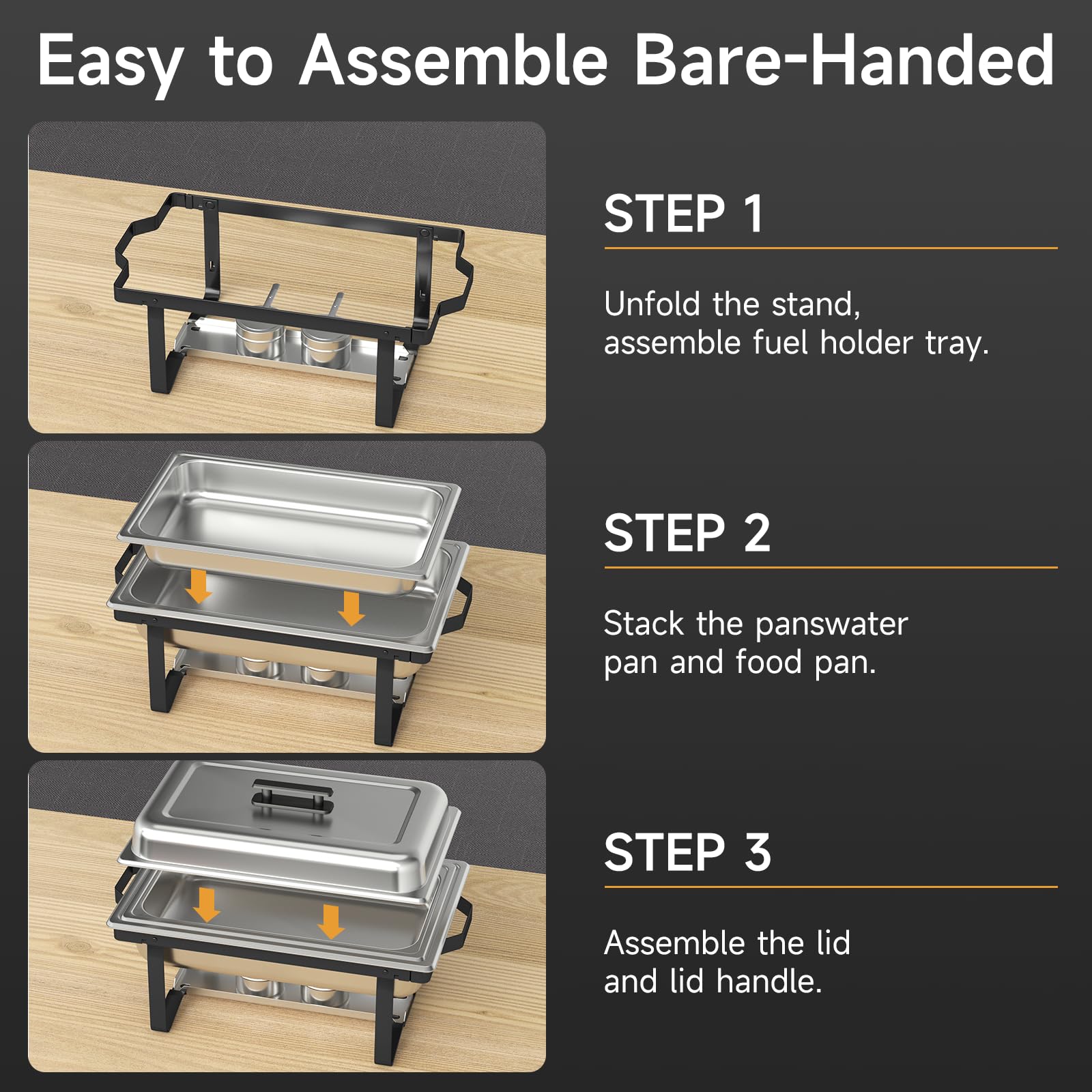 4-Pack 9.5QT Stainless Steel Chafing Dish Buffet Set with Gray Handles - Professional Catering & Buffet Serving Equipment for Parties, Weddings, and Events (Black)