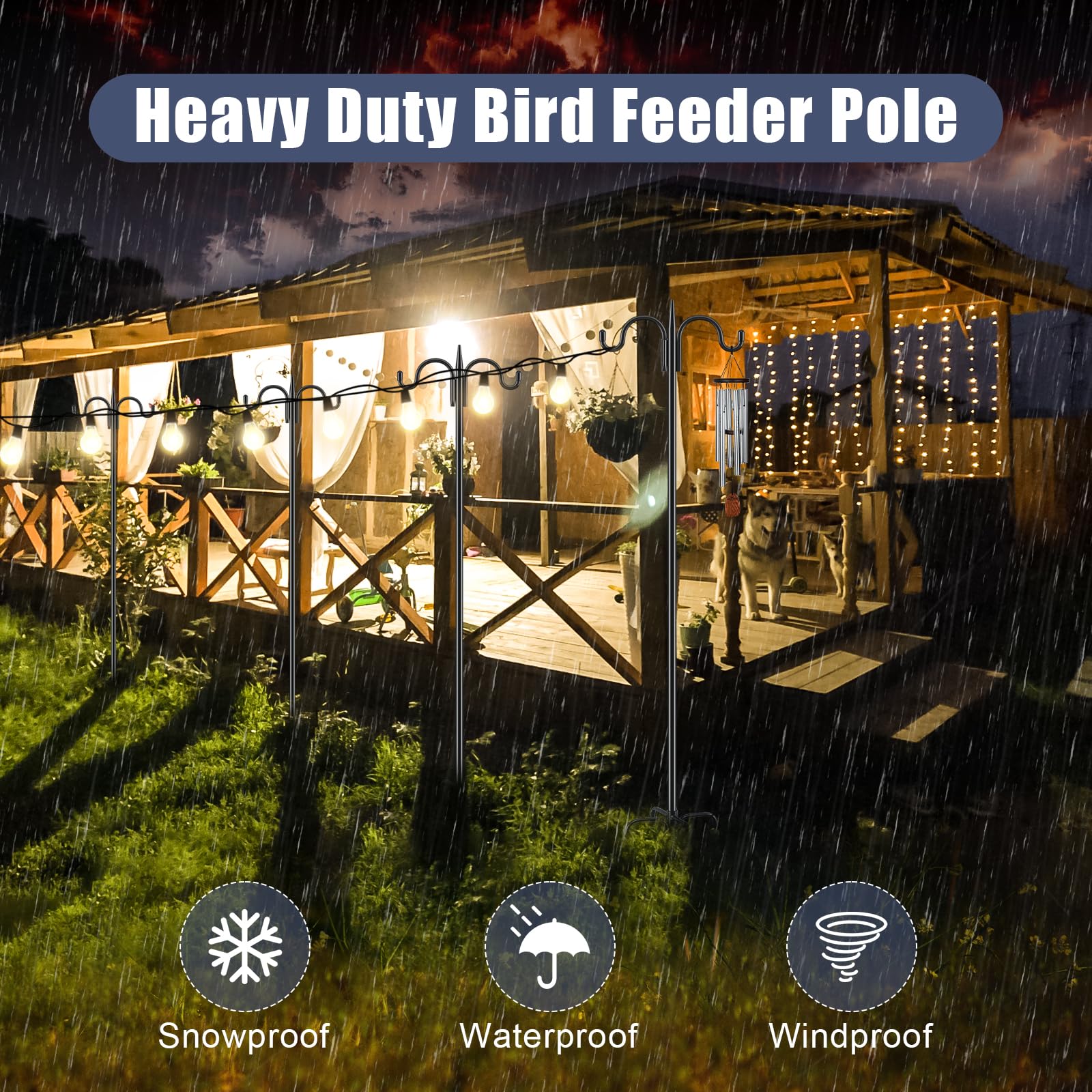 92 Inch Heavy Duty Squirrel Proof Bird Feeder Pole - Adjustable Double Shepherds Hook with Squirrel Baffles & 5-Prong Base for Hanging Plants, Bird Houses - Perfect for Backyard, Garden & Outdoor Decor (Black)