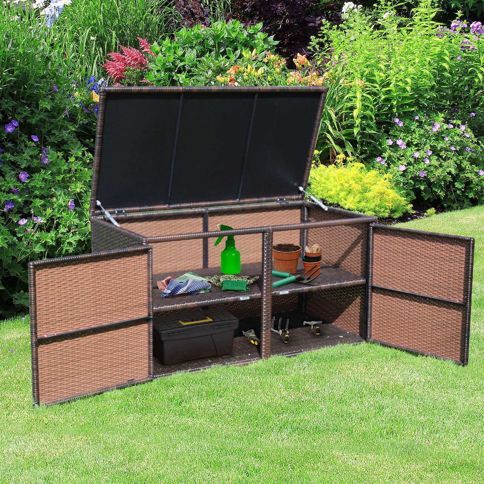**Tangkula 88 Gallon Outdoor Wicker Storage Box with Steel Frame & Lid – Weather-Resistant Rattan Deck Bin for Garden Tools, Patio Accessories, Pool Toys, and Backyard Organization (Brown)**