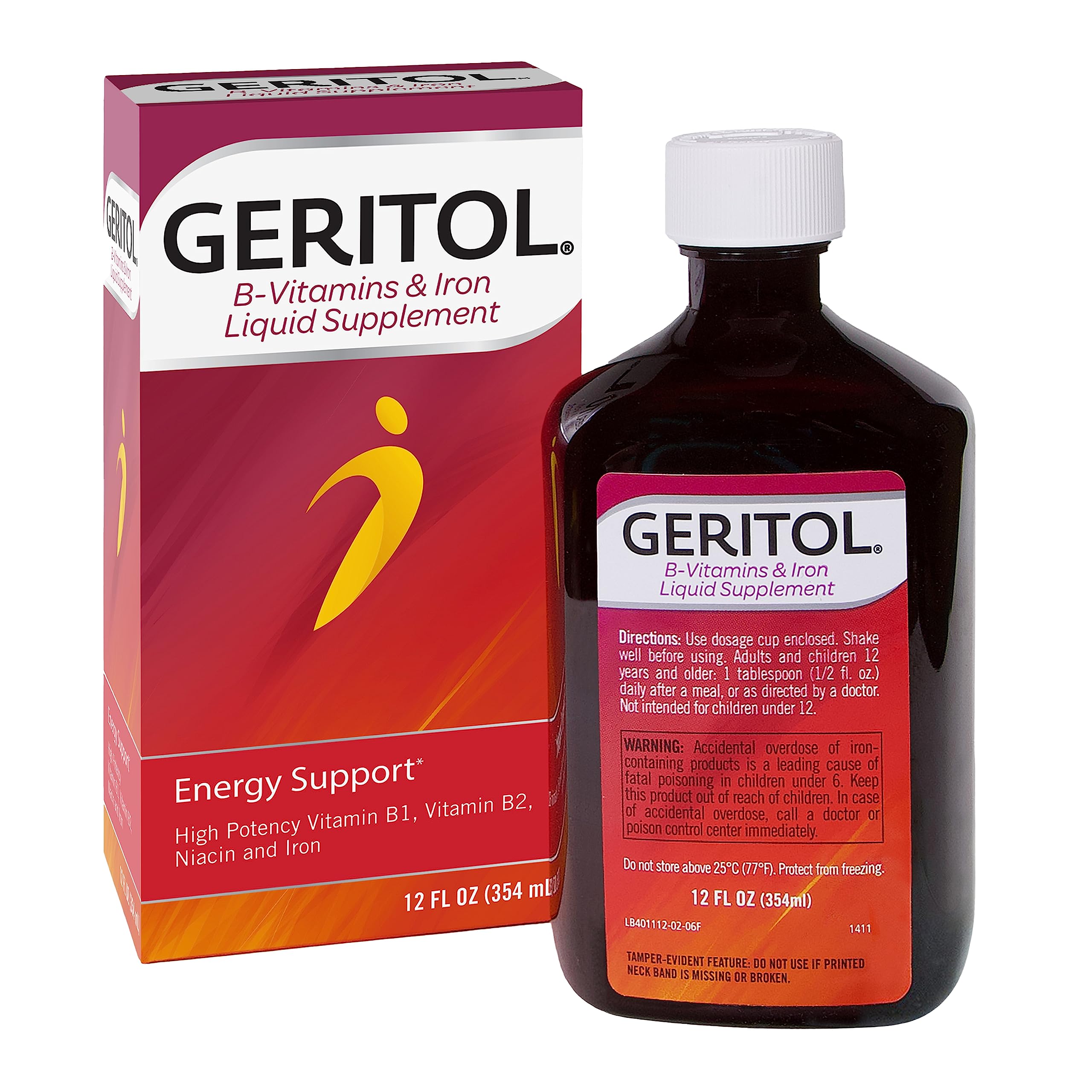 Geritol Liquid Vitamin & Iron Supplement for Energy Support - High Potency B Vitamins & Iron, Pleasant Taste, Easy to Swallow, No Artificial Sweeteners, Non-GMO, 12oz - Boost Energy for Workouts, Daily Fatigue & Active Lifestyle