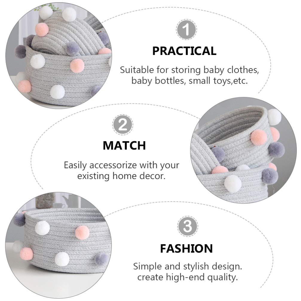 Cabilock 2-Piece Round Woven Pompom Basket Set - Small Fabric Storage Bins for Cosmetics, Clothes & Baby Items | Braided Plush Organizer for Closet, Nursery & Home Decor