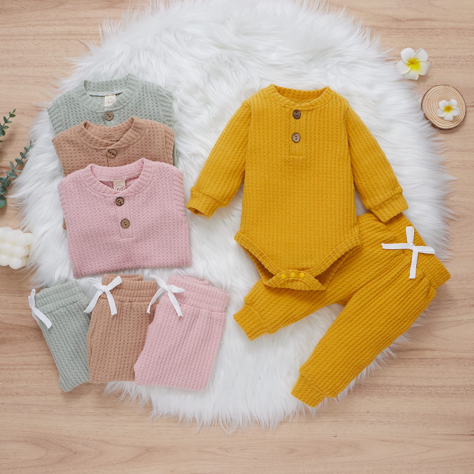 Fall Winter Newborn Baby Clothes Set - Unisex Infant Waffle Knit Outfit with Long Sleeve Top & Pants - Cozy Outfit for Baby Boys & Girls - Perfect for Family Photos, Daily Wear & Holiday Gifts