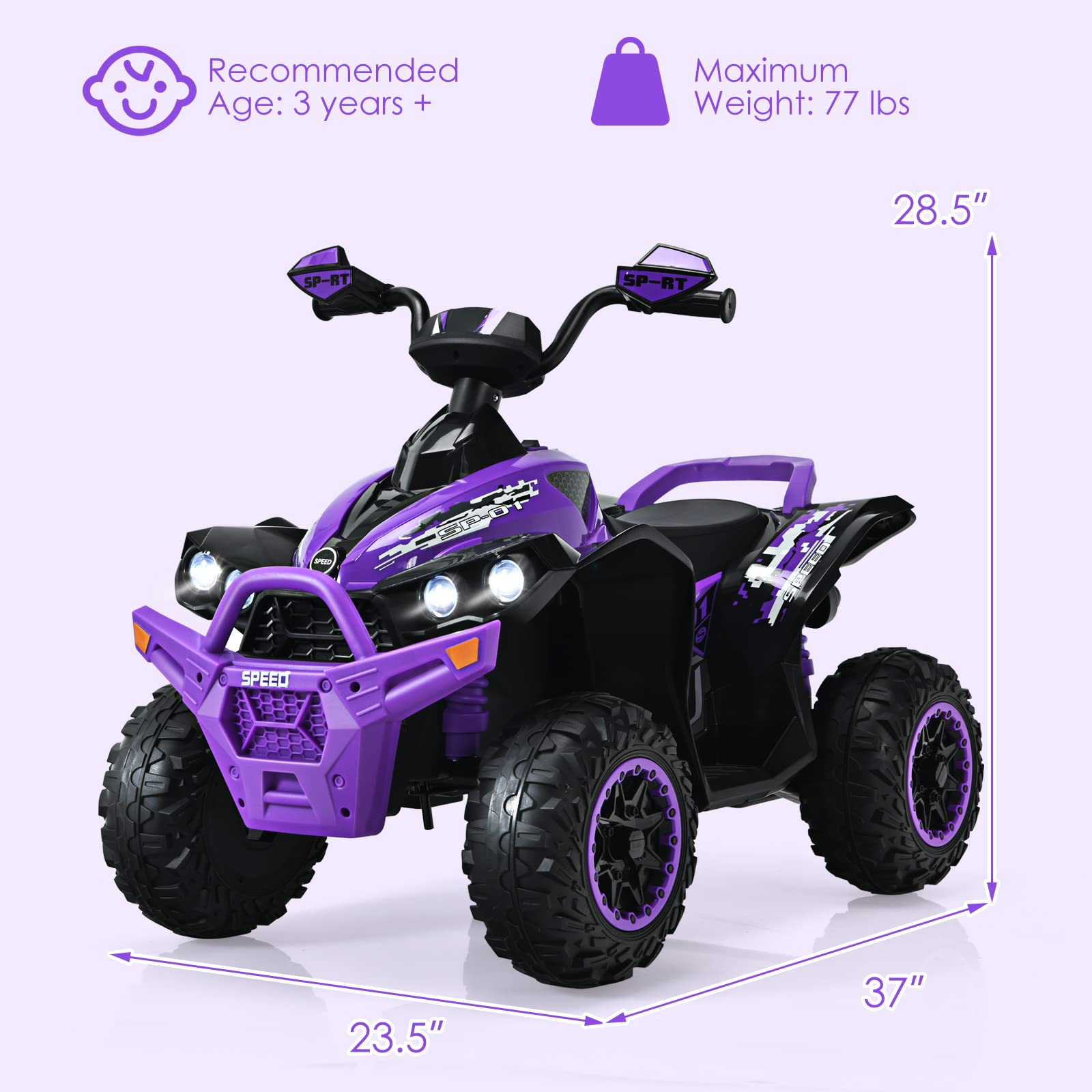 OLAKIDS 12V Kids Ride On ATV - Electric Battery Powered 4 Wheeler Toy Car for Toddlers & Children with LED Lights, Music, Horn - High & Low Speed, Soft Start - Purple Quad Vehicle for Boys & Girls | Outdoor Play, Birthday Gift, Backyard Fun