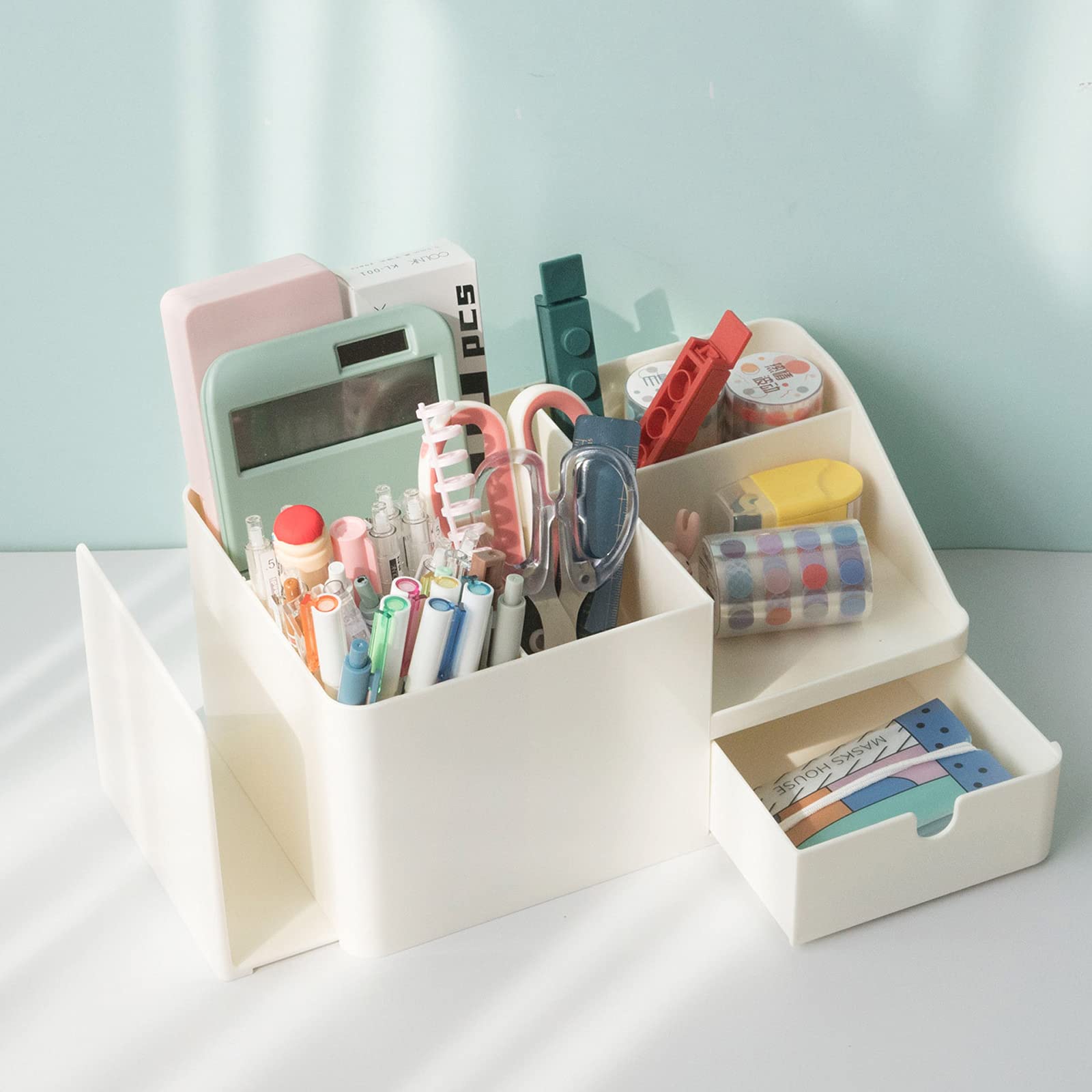 Large Capacity Desk Organizer with Drawer - Beige Plastic Bookend, Pen Holder & Makeup Storage Caddy for Office, Study & Home Organization (Large Size)