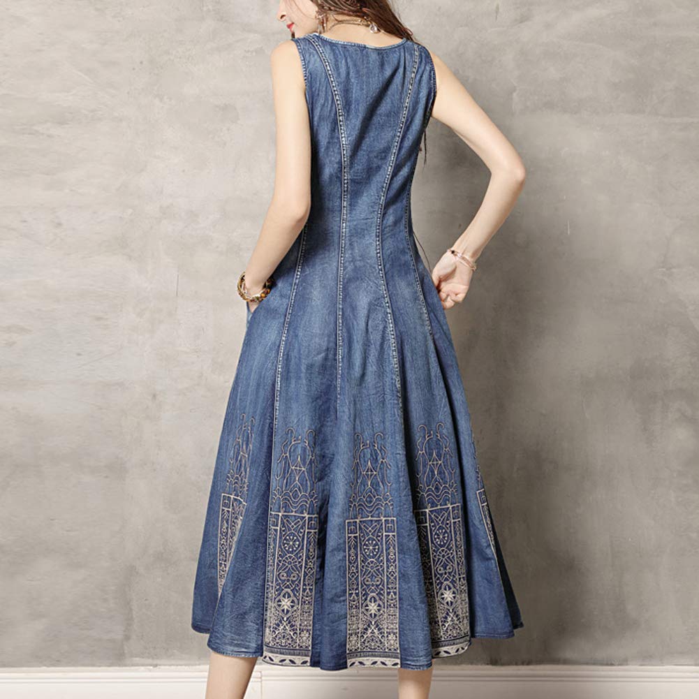 Vintage Embroidery Denim Jean Vest Dress for Women - Long Sleeve Boho Chic Jacket for Casual Outfits & Layering