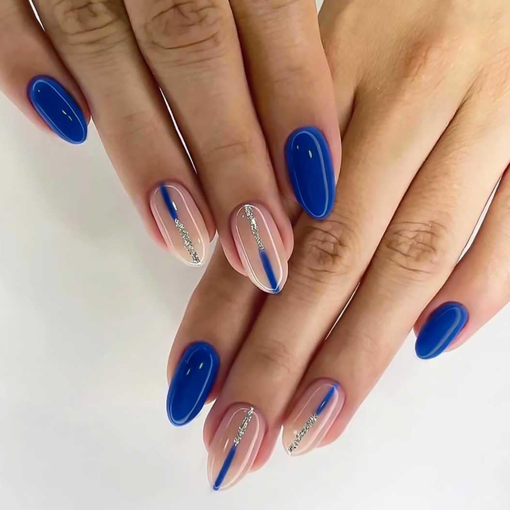RikView Medium Almond Press on Nails - 24 PCs Glossy Blue Fake Nails for Women | Easy to Apply, Perfect for Parties, Weddings & Daily Wear