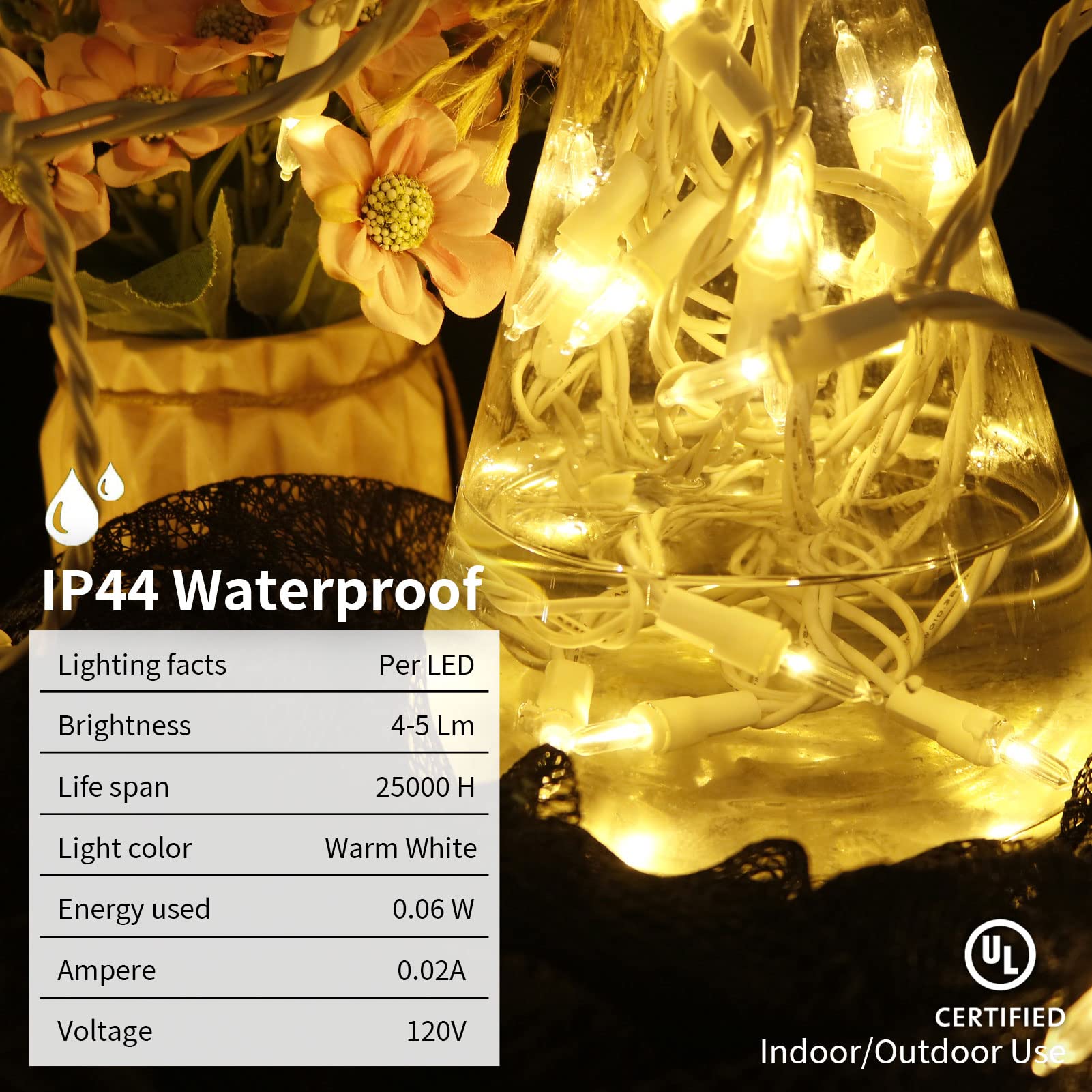 100 Count Warm White LED Christmas String Lights - 33ft UL Certified Connectable Indoor/Outdoor Decor for Tree, Party, Wedding & Holiday | Multi-Sparking White Wire Lights for Festive Home & Garden Decoration