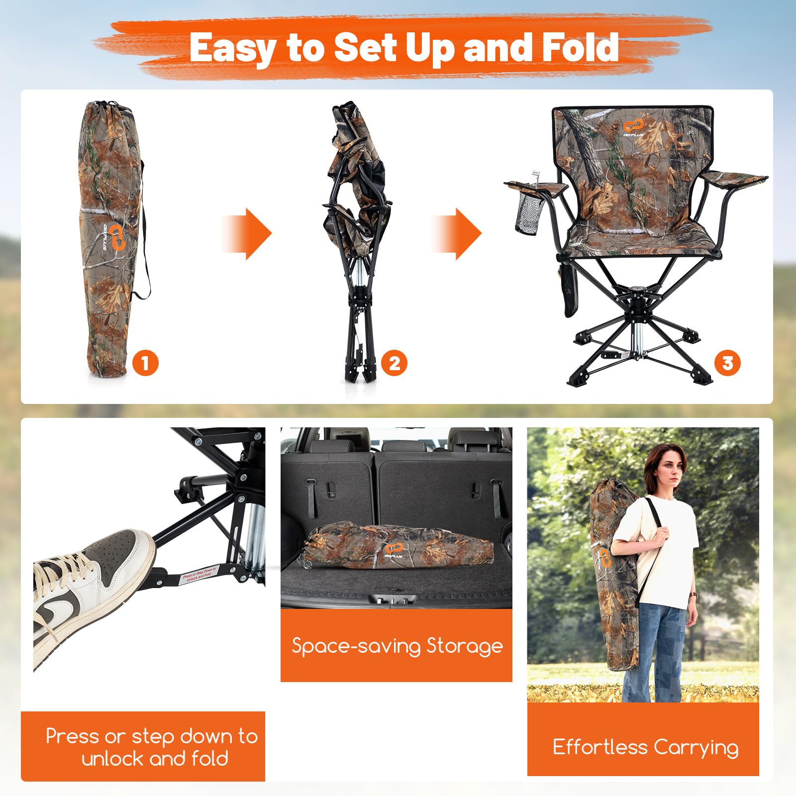 Goplus 360° Swivel Camping Chair for Adults - Portable Folding Hunting Chair with Cup Holder & Carry Bag - Rotating Lawn Chair for Fishing, Picnic, Hiking, Outdoor Activities (Camo) - Perfect for Backyard, Beach, Tailgating & Camping Trips