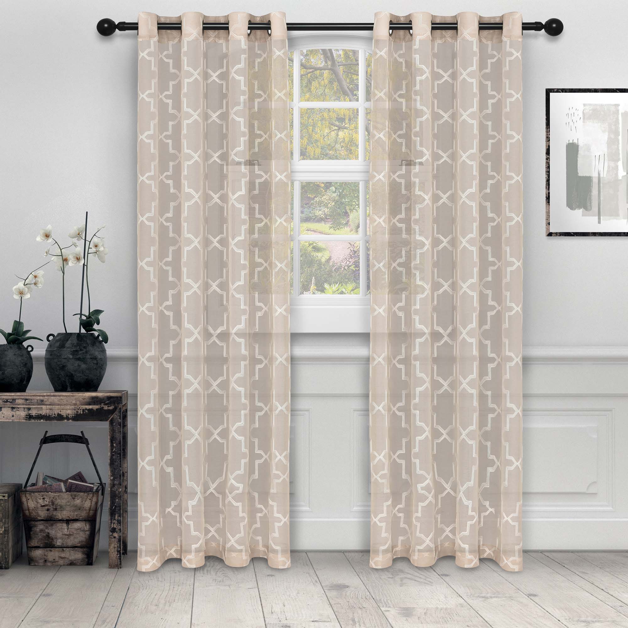Embroidered Quatrefoil Semi-Sheer 2-Piece Curtain Panel Set - Elegant Window Treatment for Living Room & Bedroom Decor