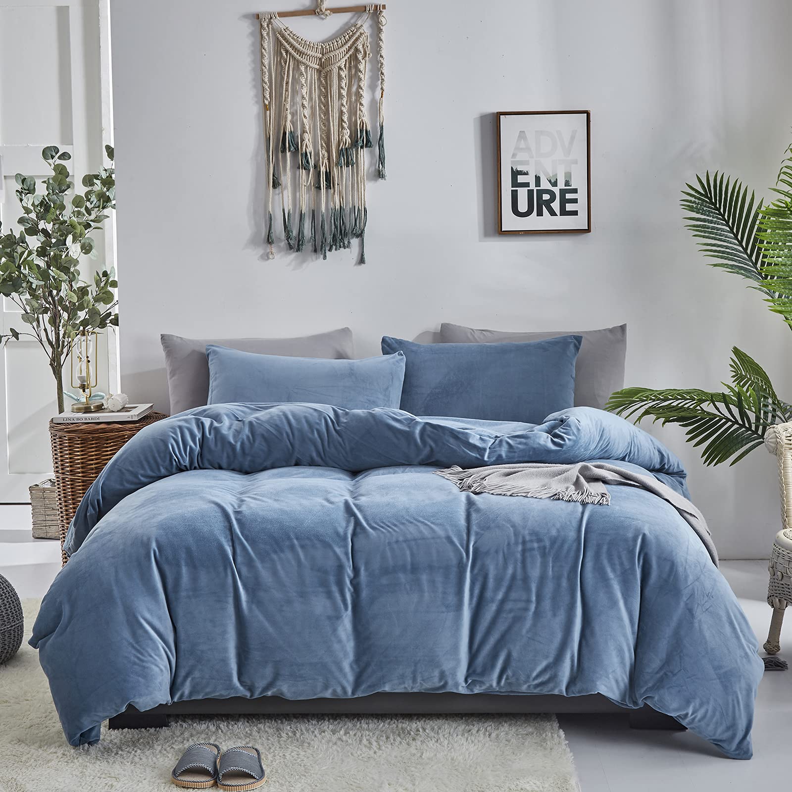 Cottonight Blue Flannel Duvet Cover Queen Set - Warm & Cozy Bedding for Winter