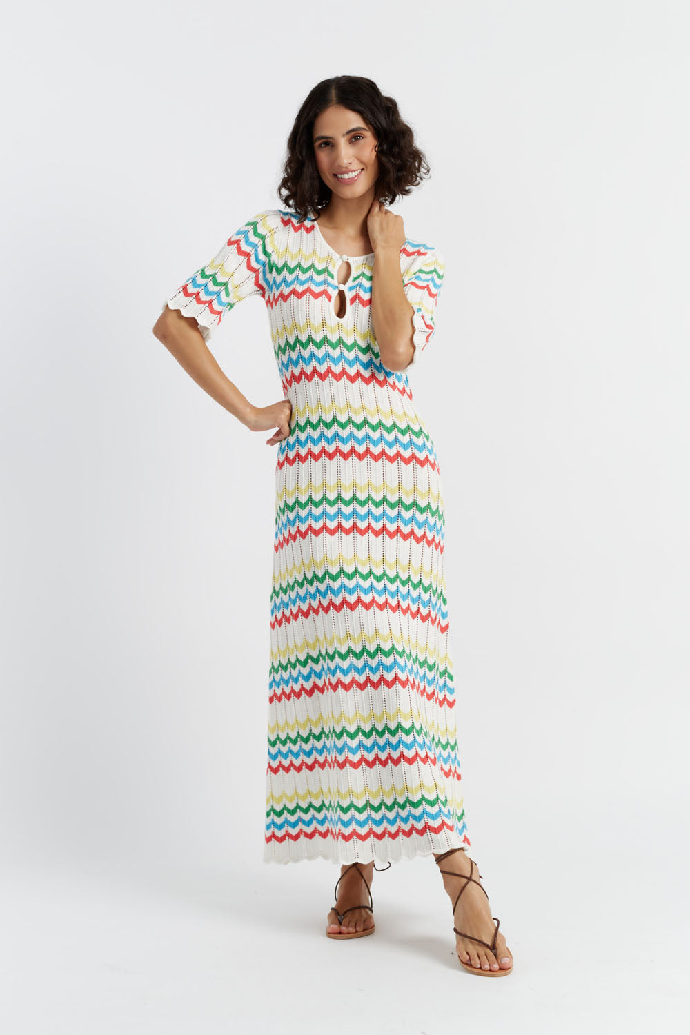 Soft Cream Cotton Chevron Stitch Dress for Women - Perfect for Summer Outings & Beach Vacations