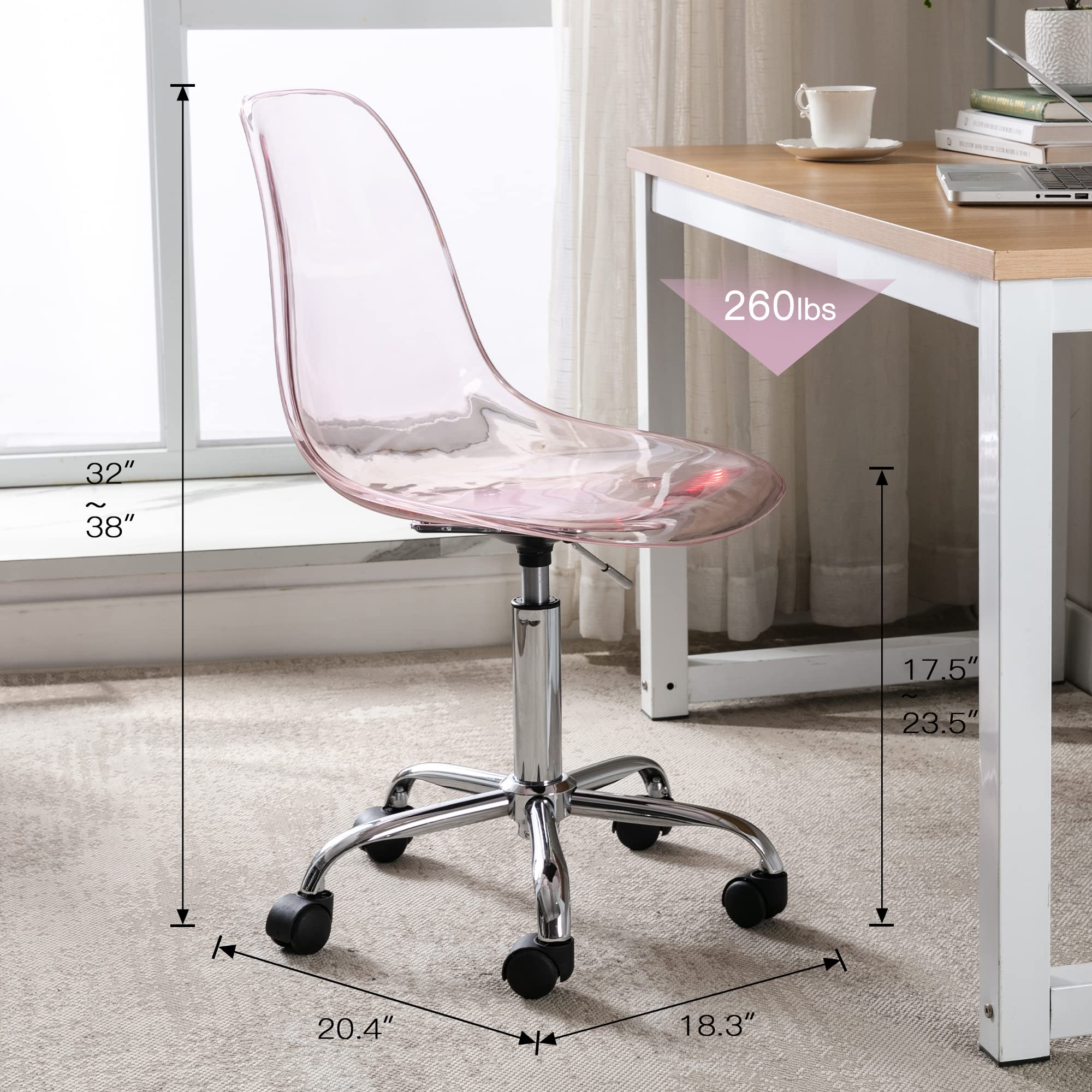 Modern Acrylic Clear Desk Chair - Adjustable Height Rolling Plastic Vanity Chair for Home Office, Small Cute Armless Ghost Chair with Wheels (Pink) - Perfect for Workspaces, Makeup Areas & Modern Decor