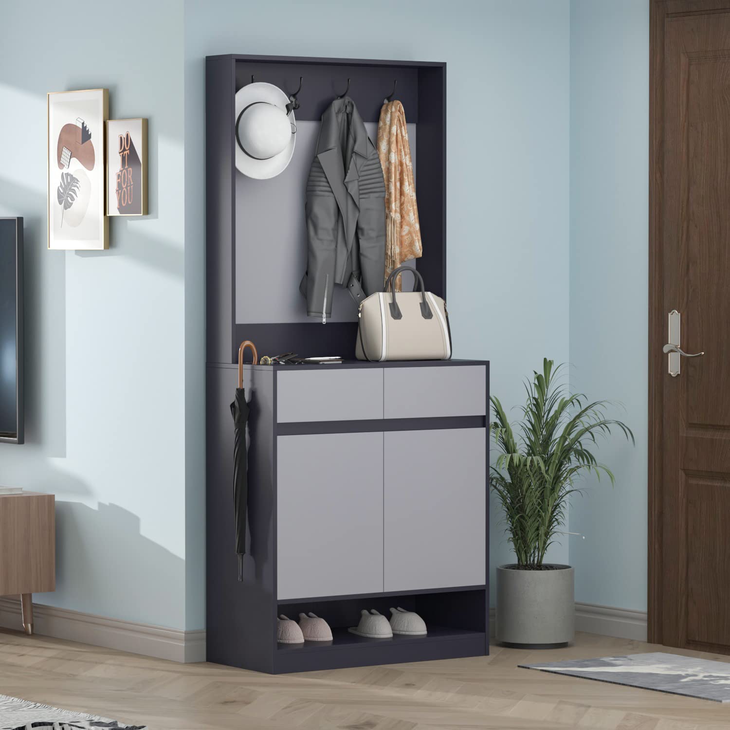 Homsee Modern Hall Tree with 2 Drawers, 4 Hooks & Multi-Tier Storage Shelves - Entryway Coat Rack Organizer with 2 Doors for Hallway, Living Room - Dark Grey & Light Grey - Perfect for Small Spaces, Apartments & Home Entry Organization